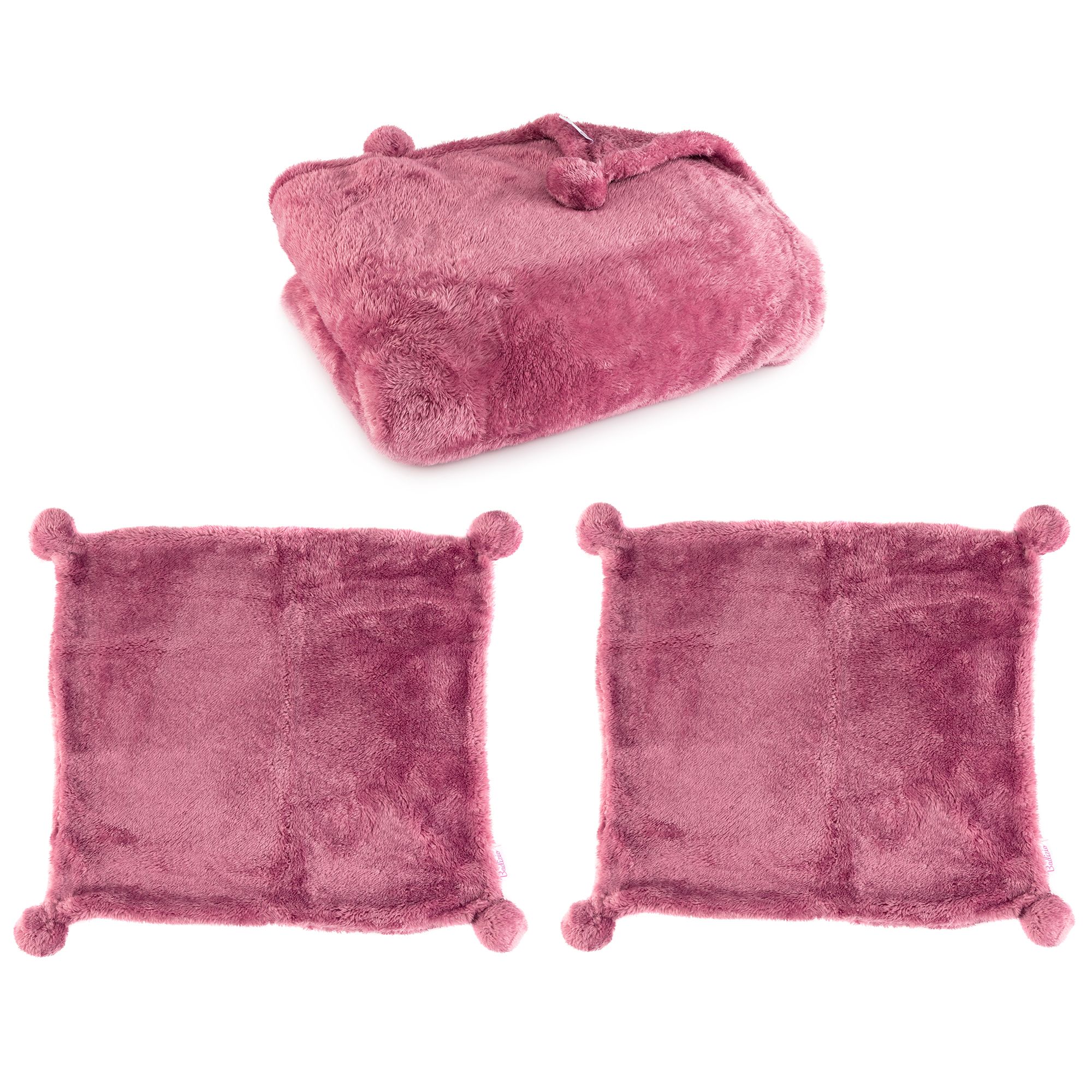 BADIZIO Classic Heimdecke 150x200cm & 2 Dekokissenhüllen uni mit Bommel Mikrofaser Plüsch