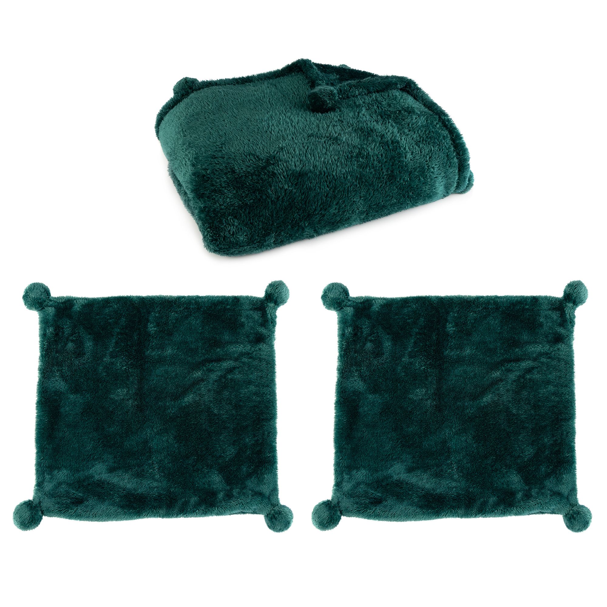 BADIZIO Classic Heimdecke 150x200cm & 2 Dekokissenhüllen uni mit Bommel Mikrofaser Plüsch