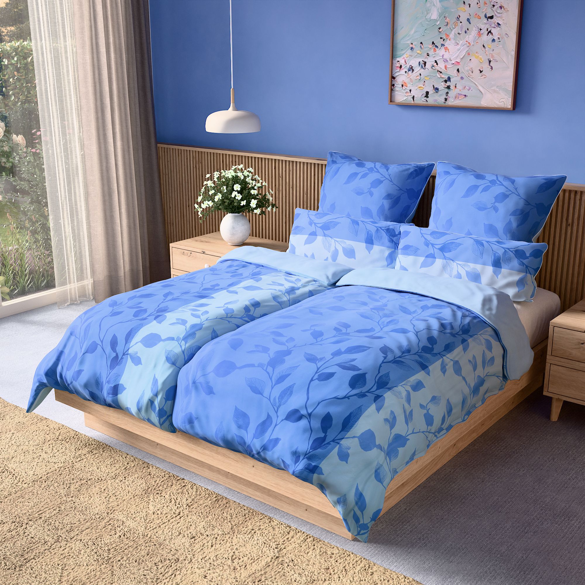 JERYMOOD extra soft Wendebettwäsche Blättergrafik Mikrofaser Jersey Paspeln an den Kissen