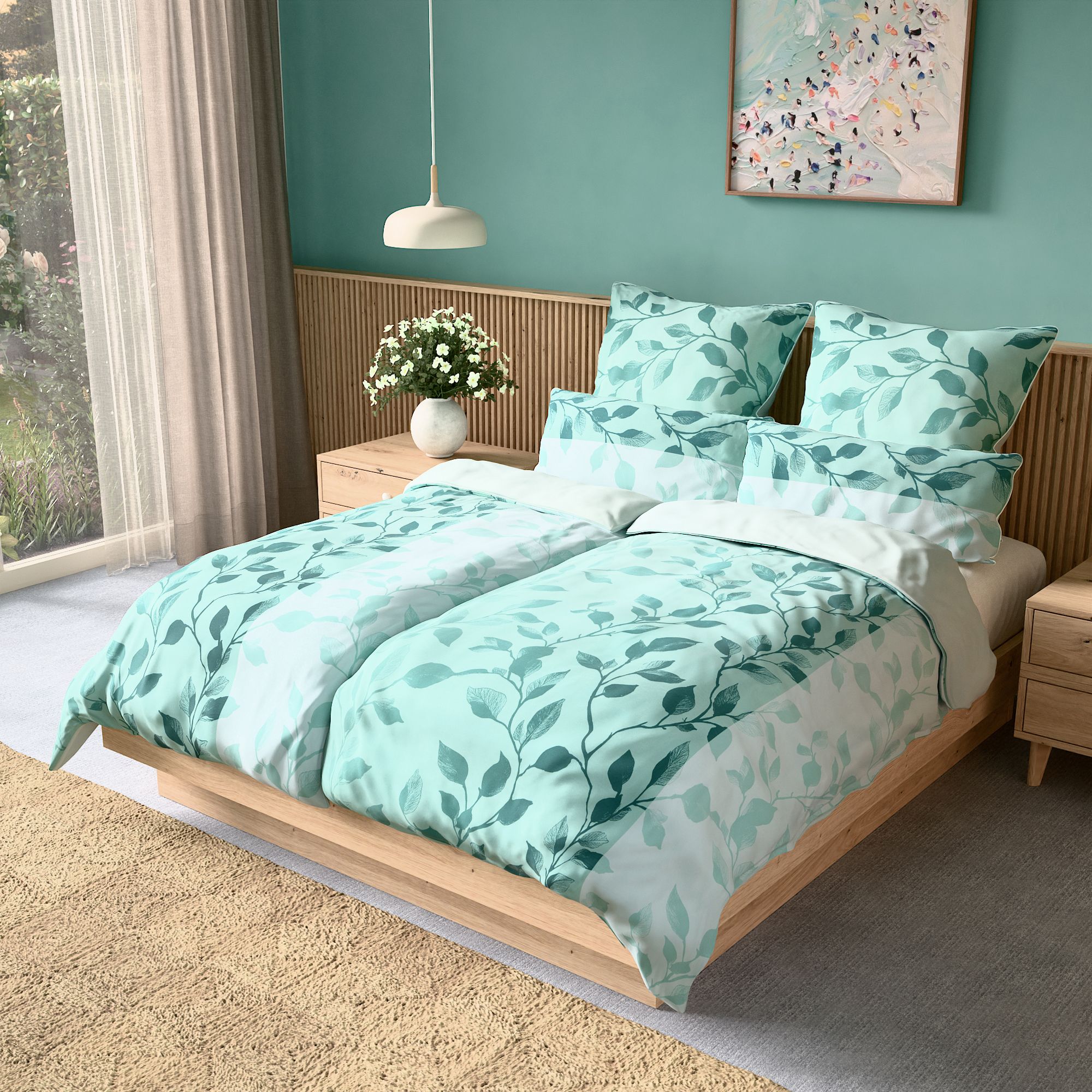 JERYMOOD extra soft Wendebettwäsche Blättergrafik Mikrofaser Jersey Paspeln an den Kissen