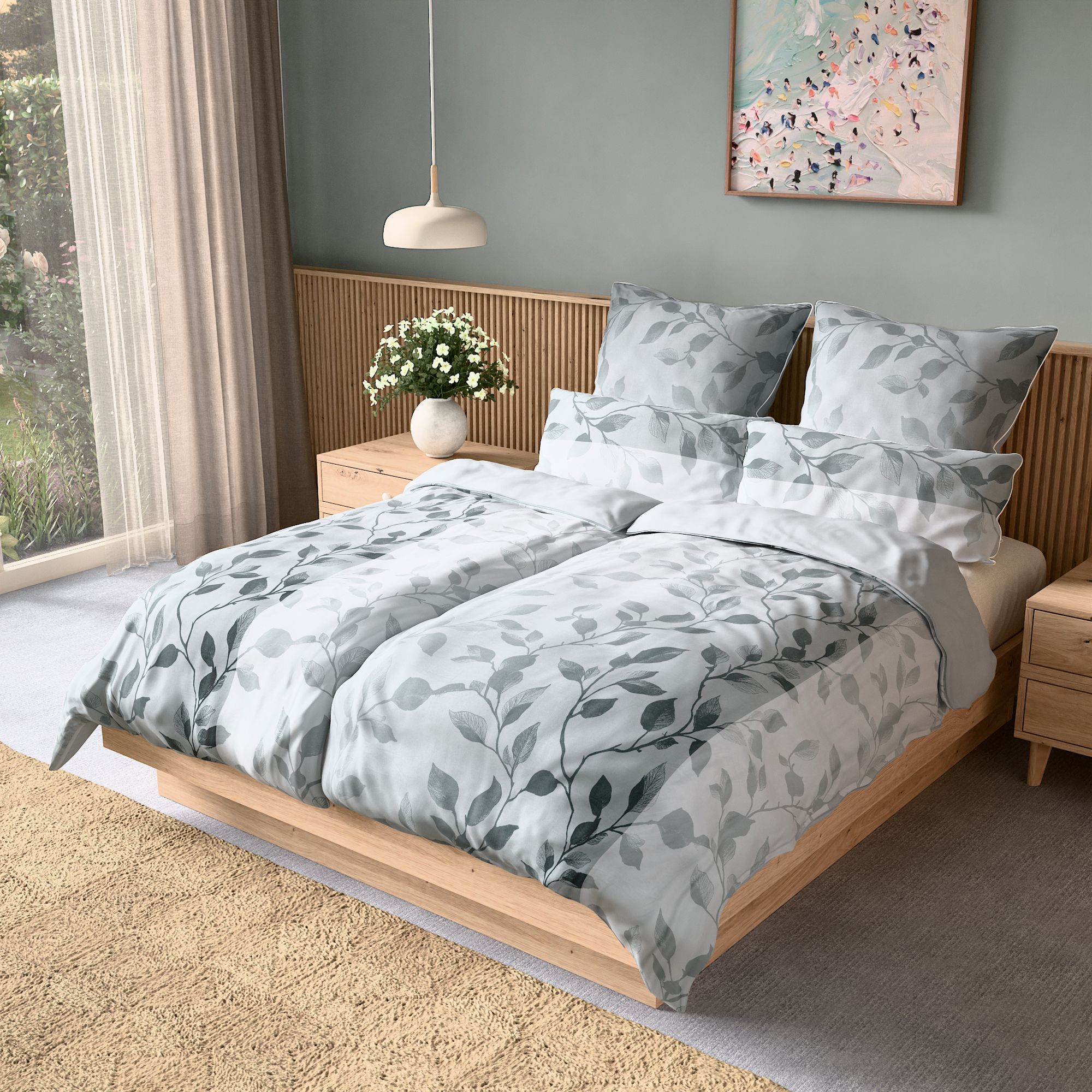 JERYMOOD extra soft Wendebettwäsche Blättergrafik Mikrofaser Jersey Paspeln an den Kissen