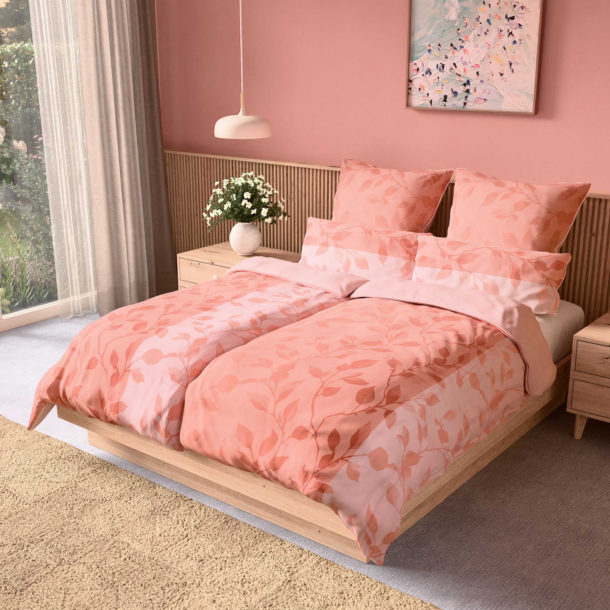 JERYMOOD extra soft Wendebettwäsche Blättergrafik Mikrofaser Jersey Paspeln an den Kissen