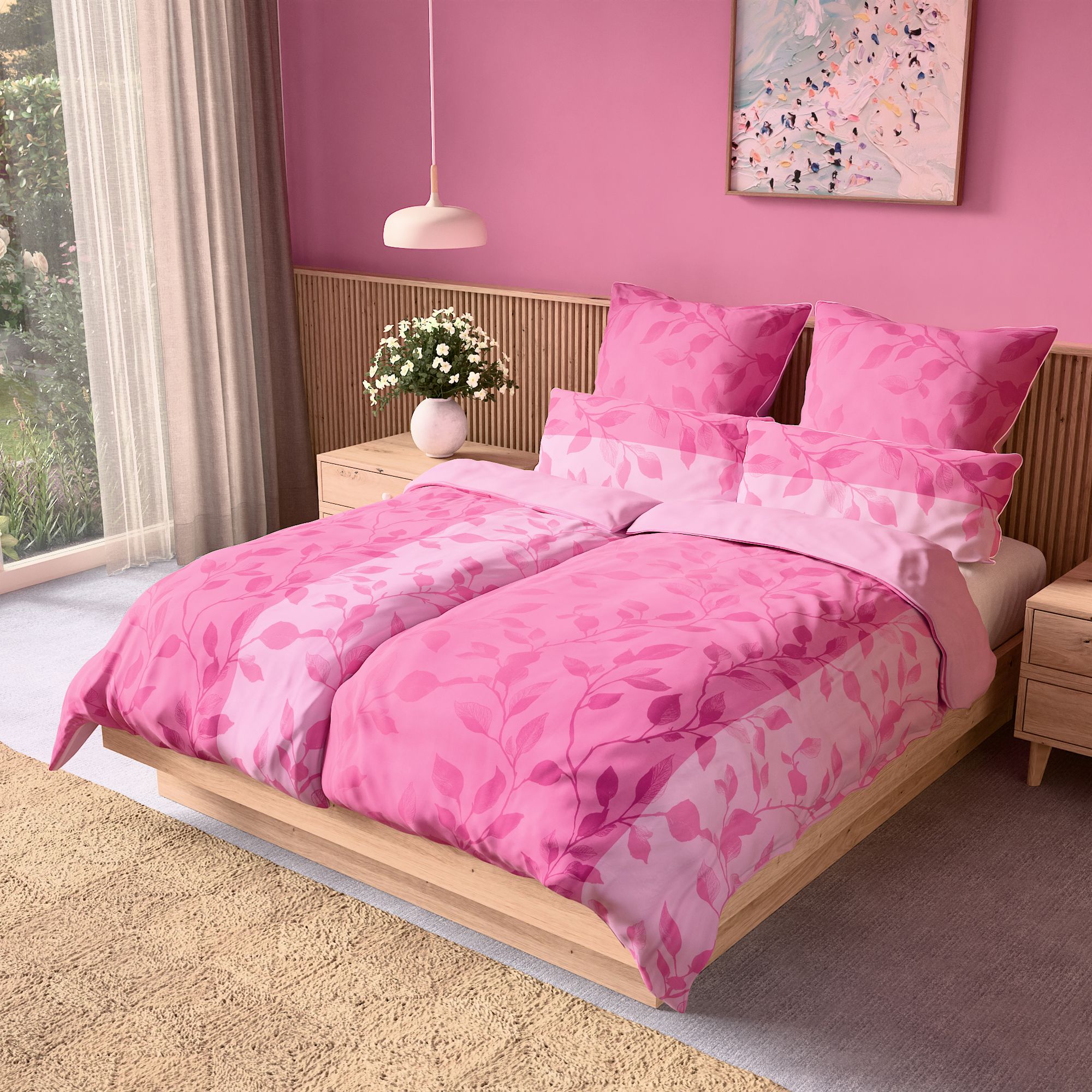 JERYMOOD extra soft Wendebettwäsche Blättergrafik Mikrofaser Jersey Paspeln an den Kissen