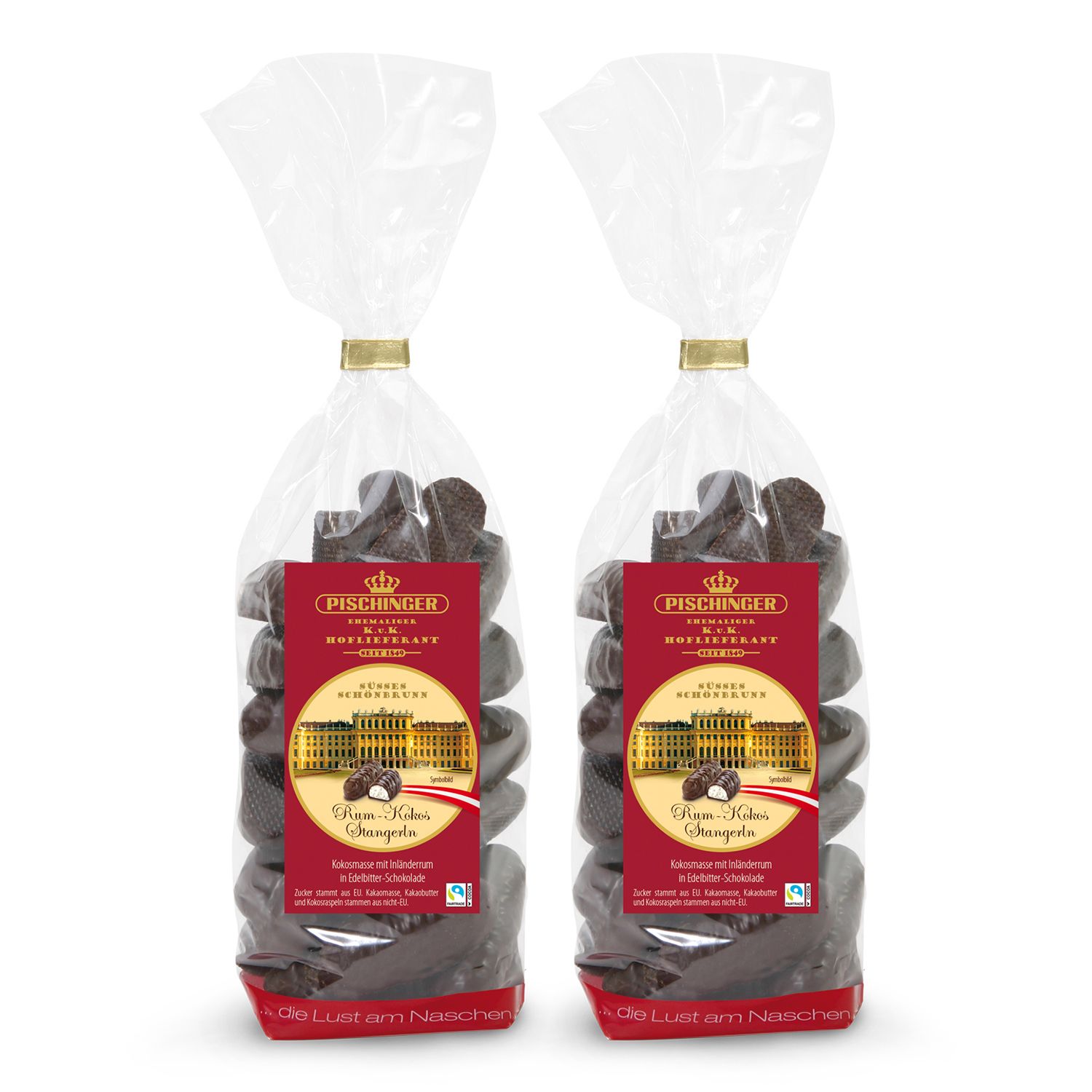 PISCHINGER Rum-Kokos Stangerln Edelbitterschokolade exklusiv bei QVC Inhalt 2x 250g