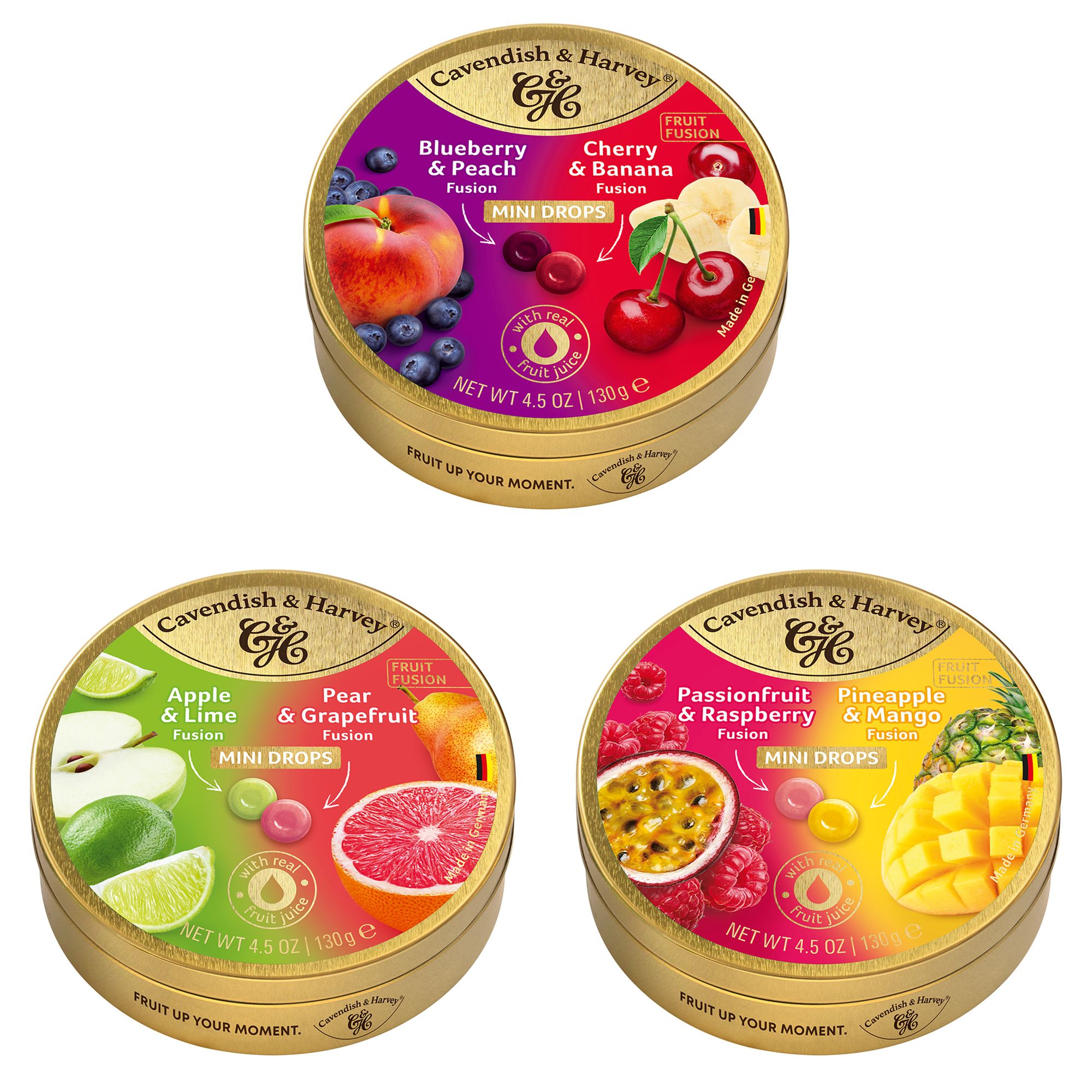 CAVENDISH & HARVEY® Bonbons in der Dose fruchtig gefüllt 3 Sorten, 6 Dosen Inhalt 6x 130g