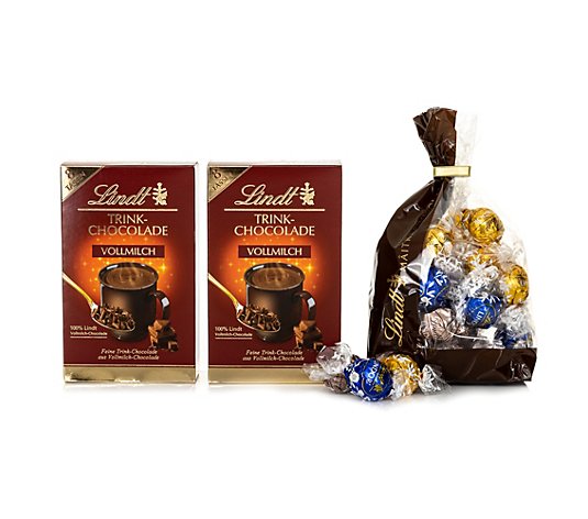 LINDT Trinkschokoladen-Set 2 Packungen Vollmilch und 3 Sorten Lindor Inhalt 615g