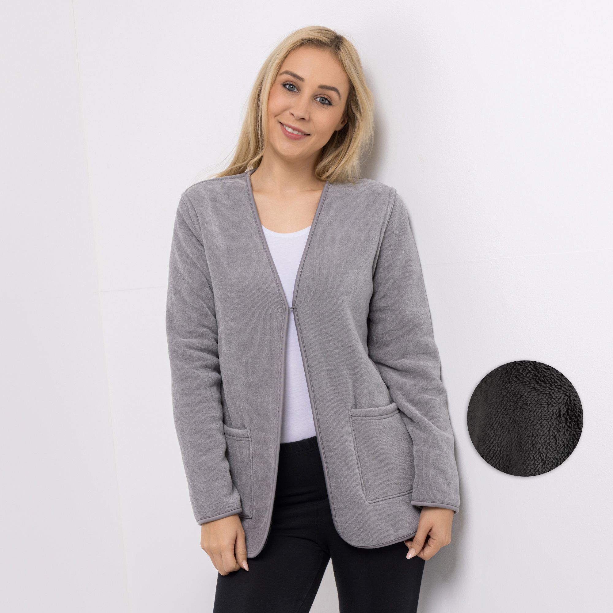 MONT CHALET wendbarer Cardigan zweifarbig Mikrofaser Edelplüsch aufgesetzte Taschen