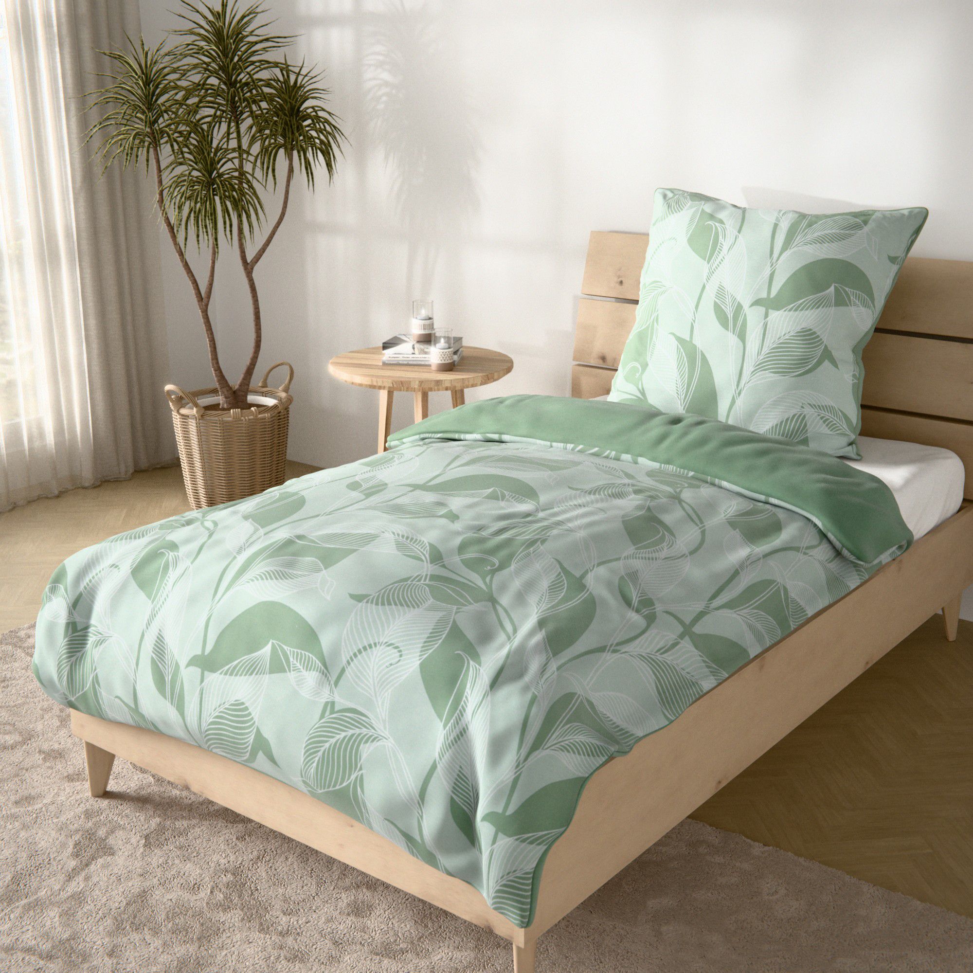 NACHTIGALL Wendebettwäsche Blätter-Design Baumwoll Flanell Einzelbett, 2tlg.