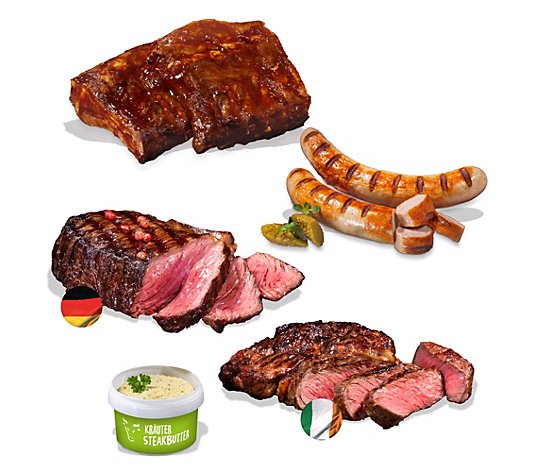GOURMETFLEISCH BBQ-Set mit 4 Sorten Wurst, Ribs & Steak inkl. Butter & Sauce Inhalt 1.895g & 250ml