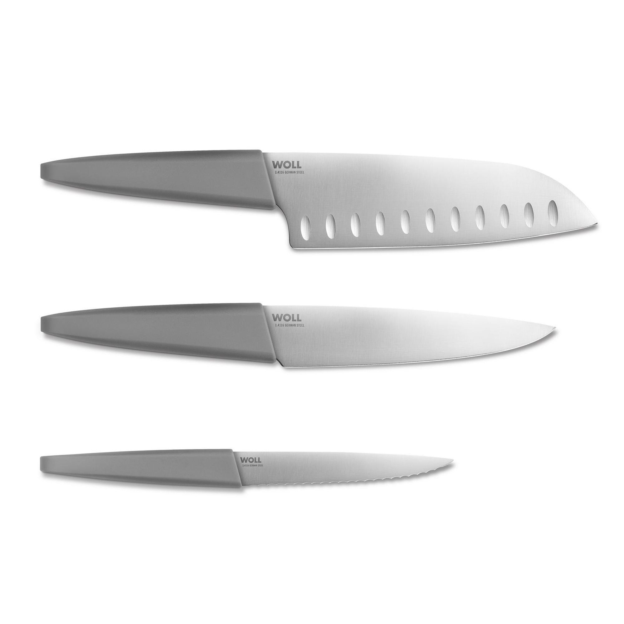 WOLL® Cutting Edge Universalmesser 12cm, Kochmesser 16cm und Santokumesser 18cm
