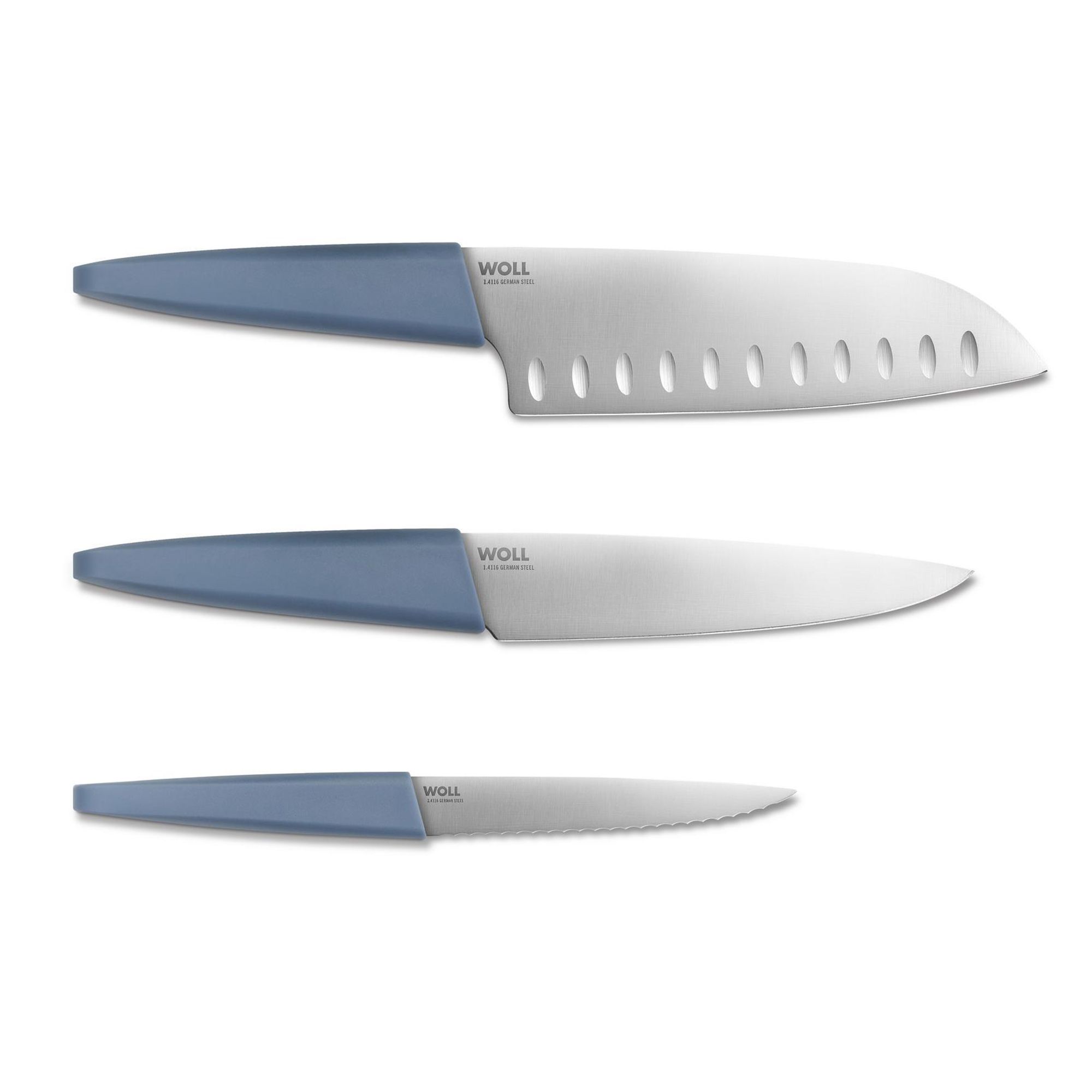 WOLL® Cutting Edge Universalmesser 12cm, Kochmesser 16cm und Santokumesser 18cm