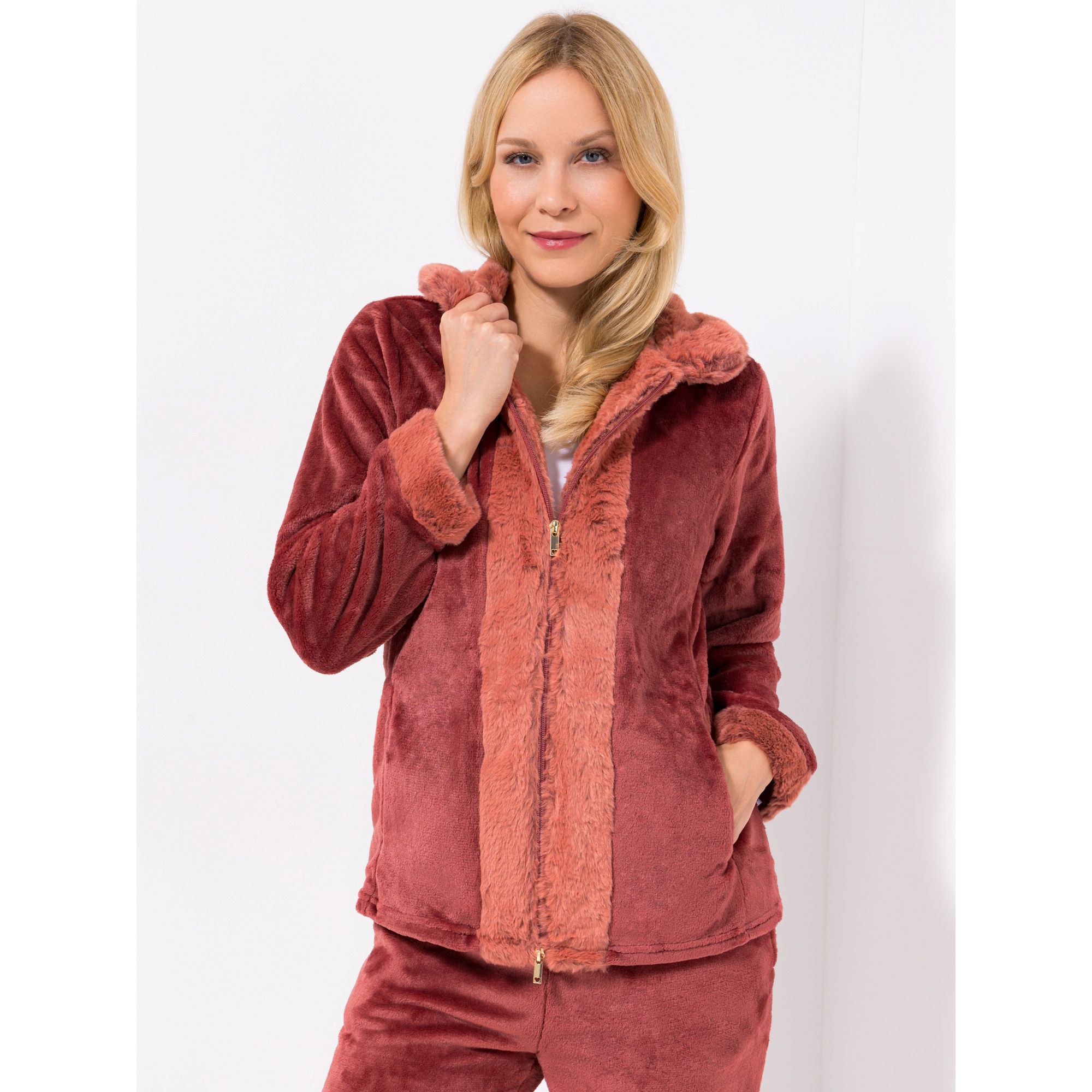 MONT CHALET Homewear uni Damen-Jacke Fellimitatbesatz Mikrofaser Chinchilla Bubikragen