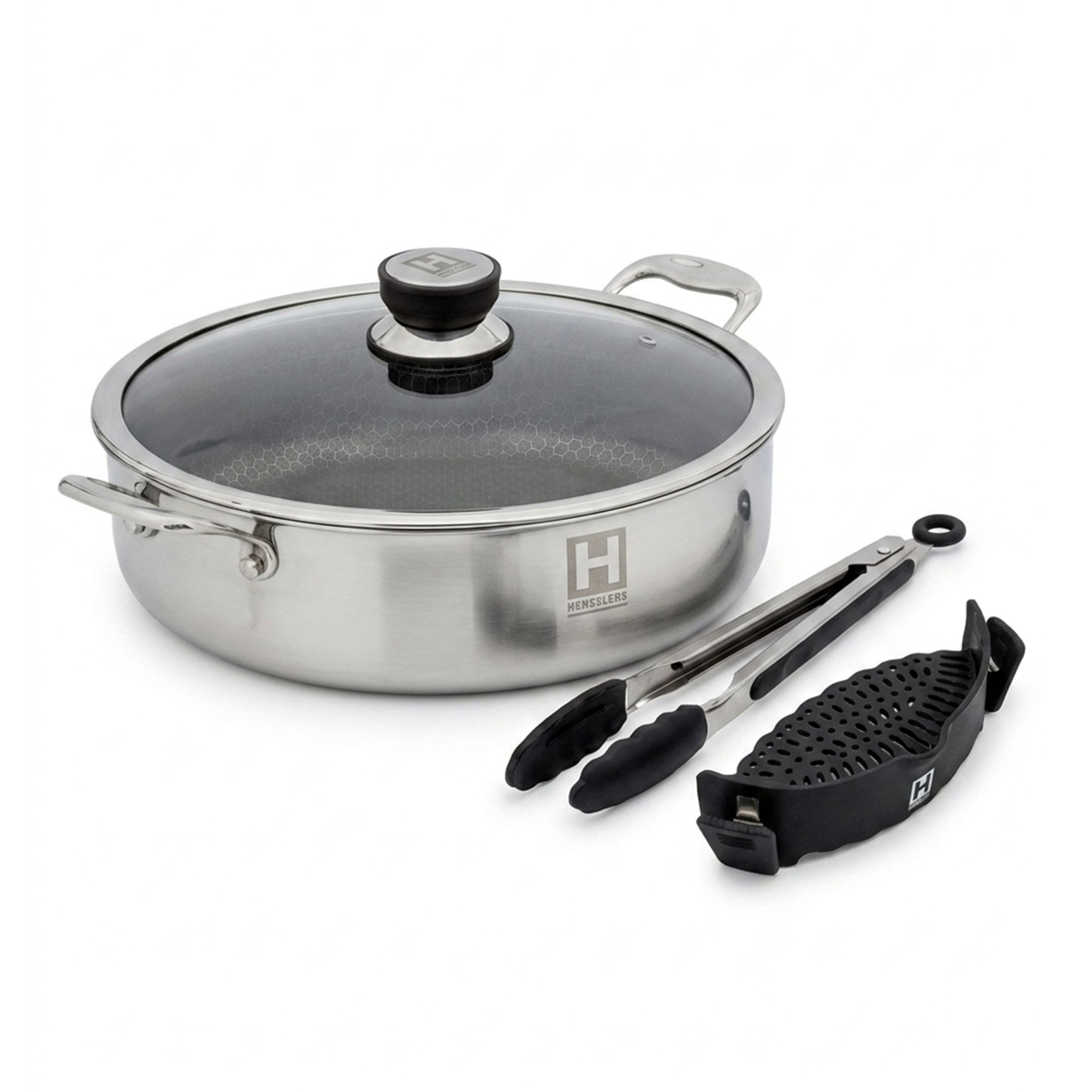  Hensslers Servierpfannen-Set Ø 32cm, 4tlg. inkl. Abgießhilfe und Grillzange