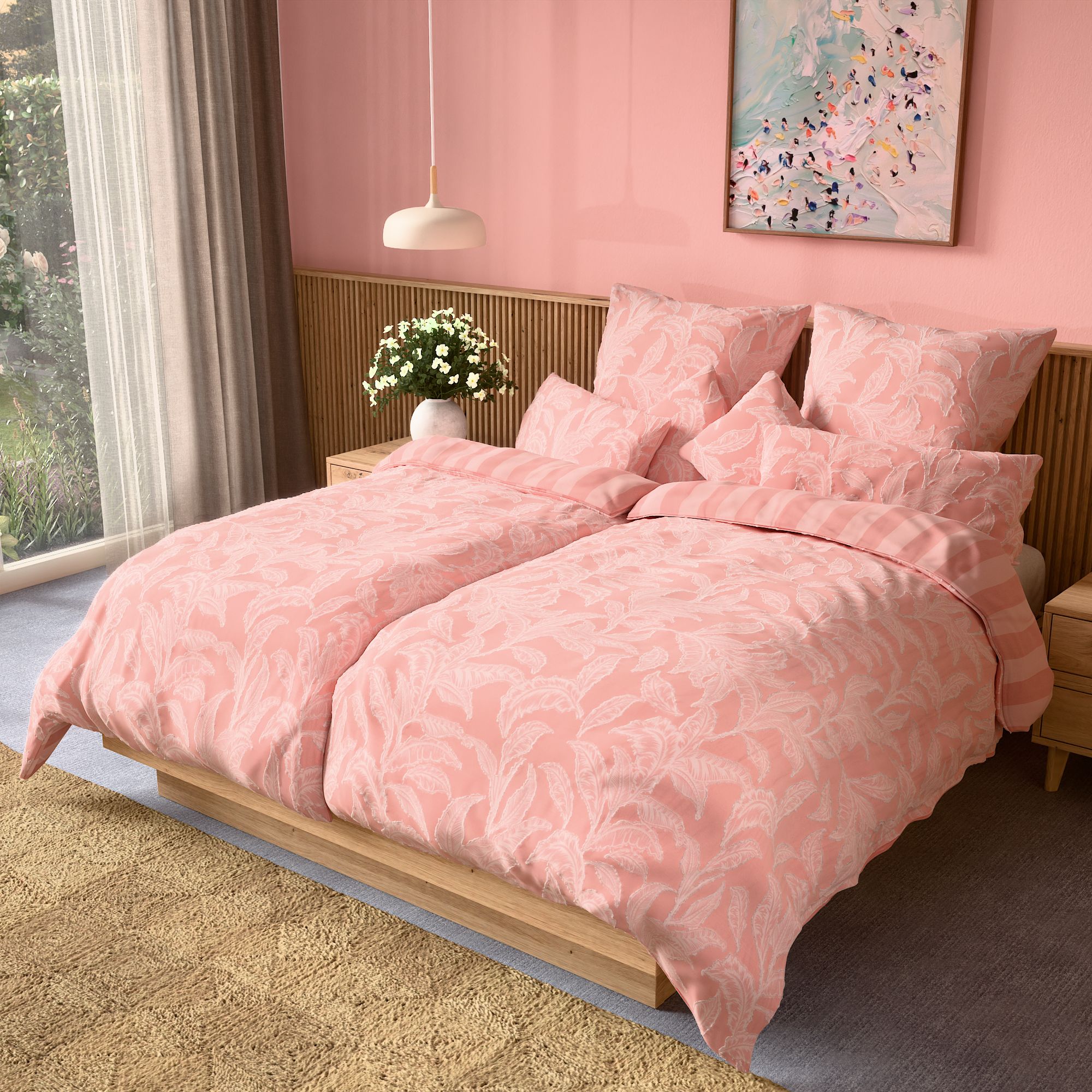 SOFT WAVE Wendebettwäsche Blätter & Streifen MF Strukturmix Doppelbett, 8tlg.