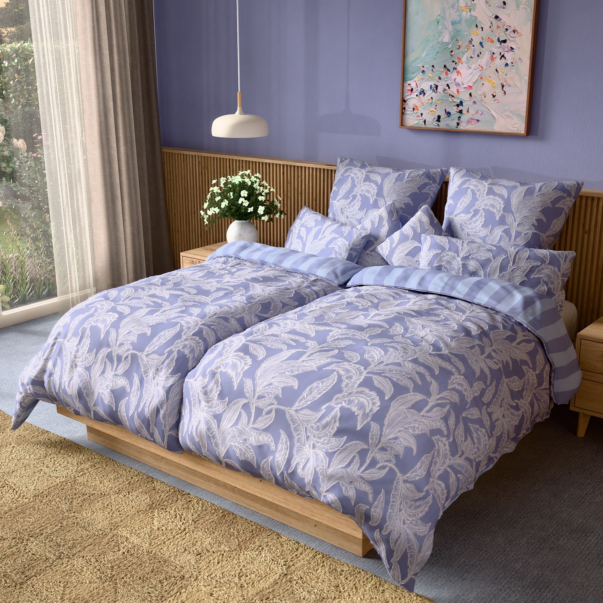 SOFT WAVE Wendebettwäsche Blätter & Streifen MF Strukturmix Doppelbett, 8tlg.