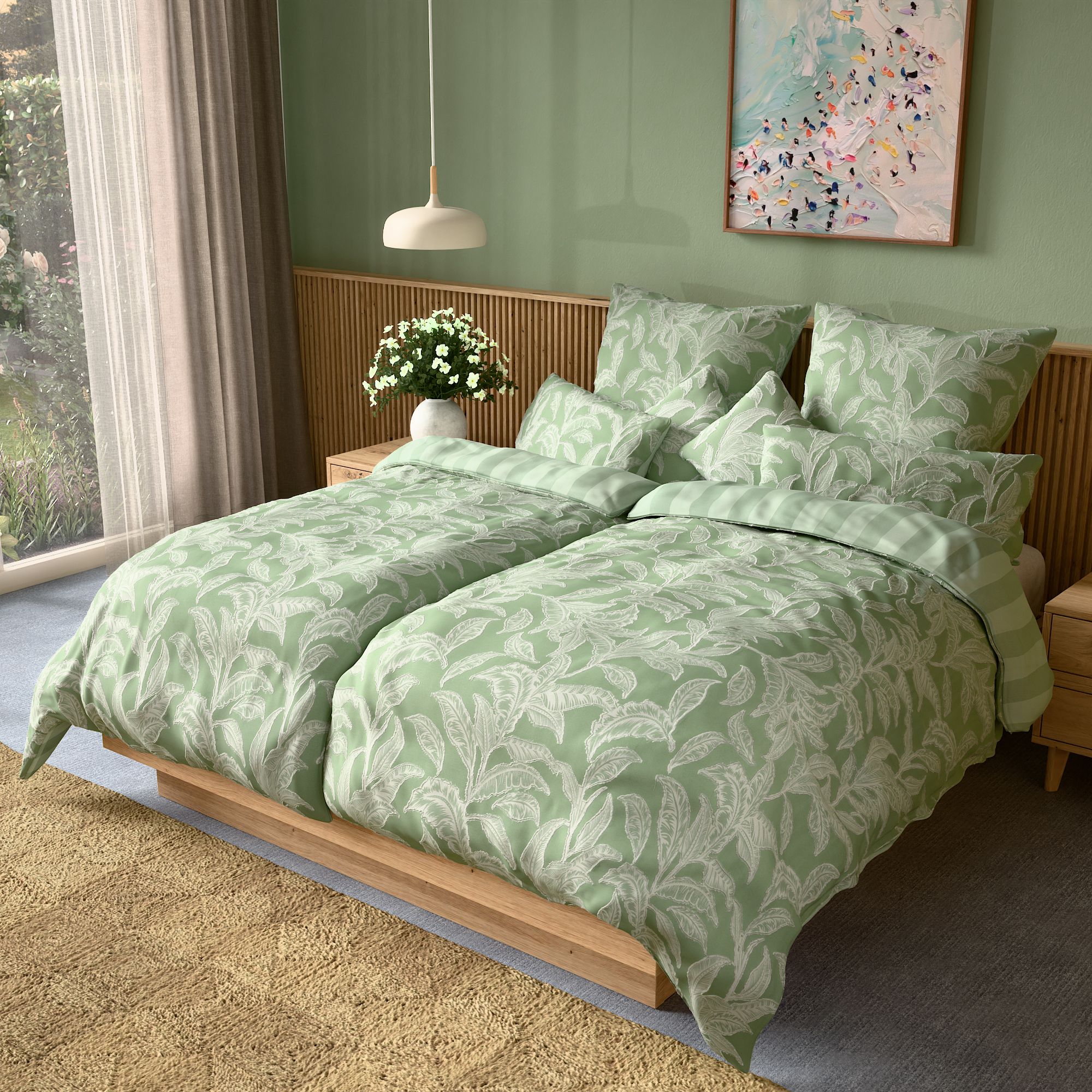 SOFT WAVE Wendebettwäsche Blätter & Streifen MF Strukturmix Doppelbett, 8tlg.