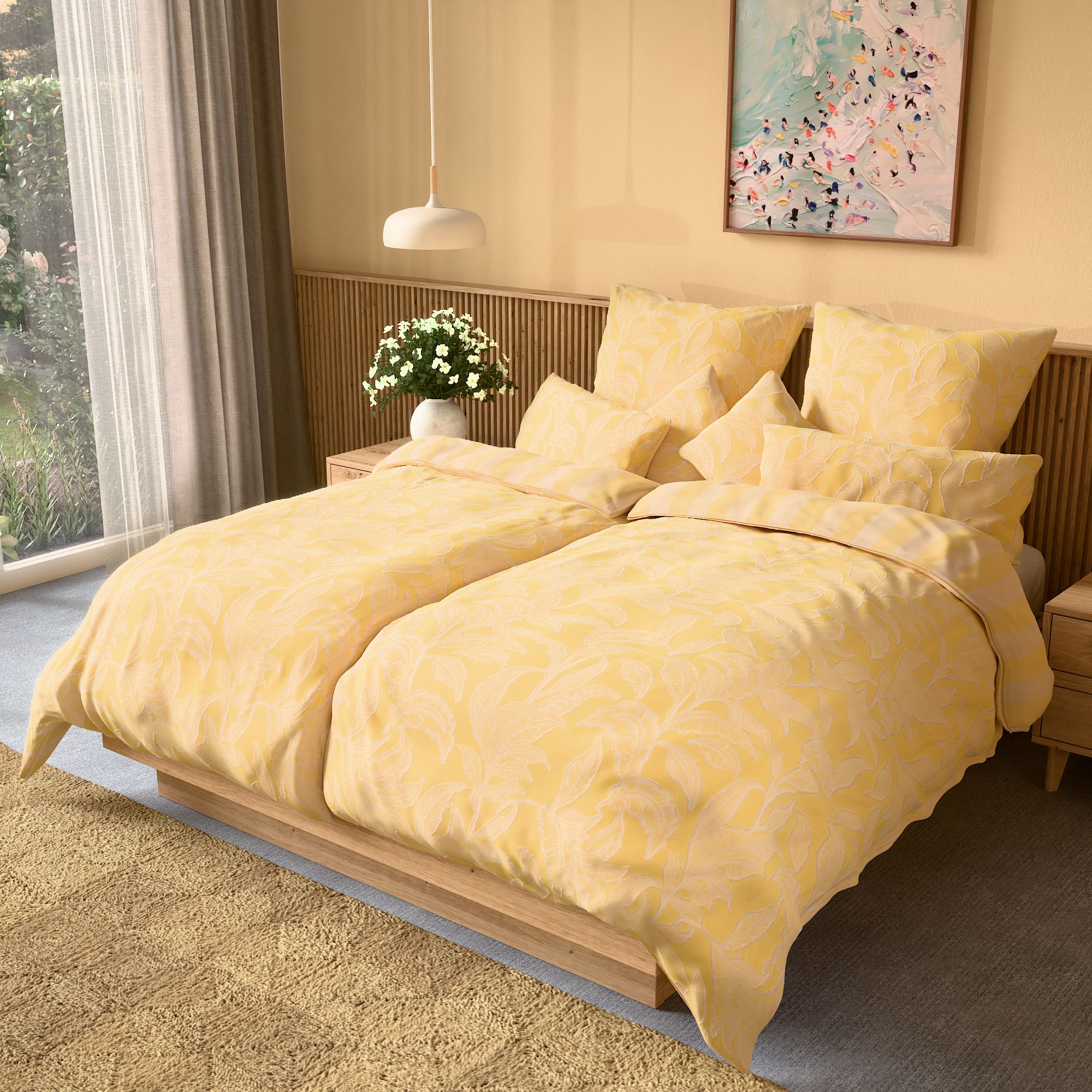 SOFT WAVE Wendebettwäsche Blätter & Streifen MF Strukturmix Doppelbett, 8tlg.