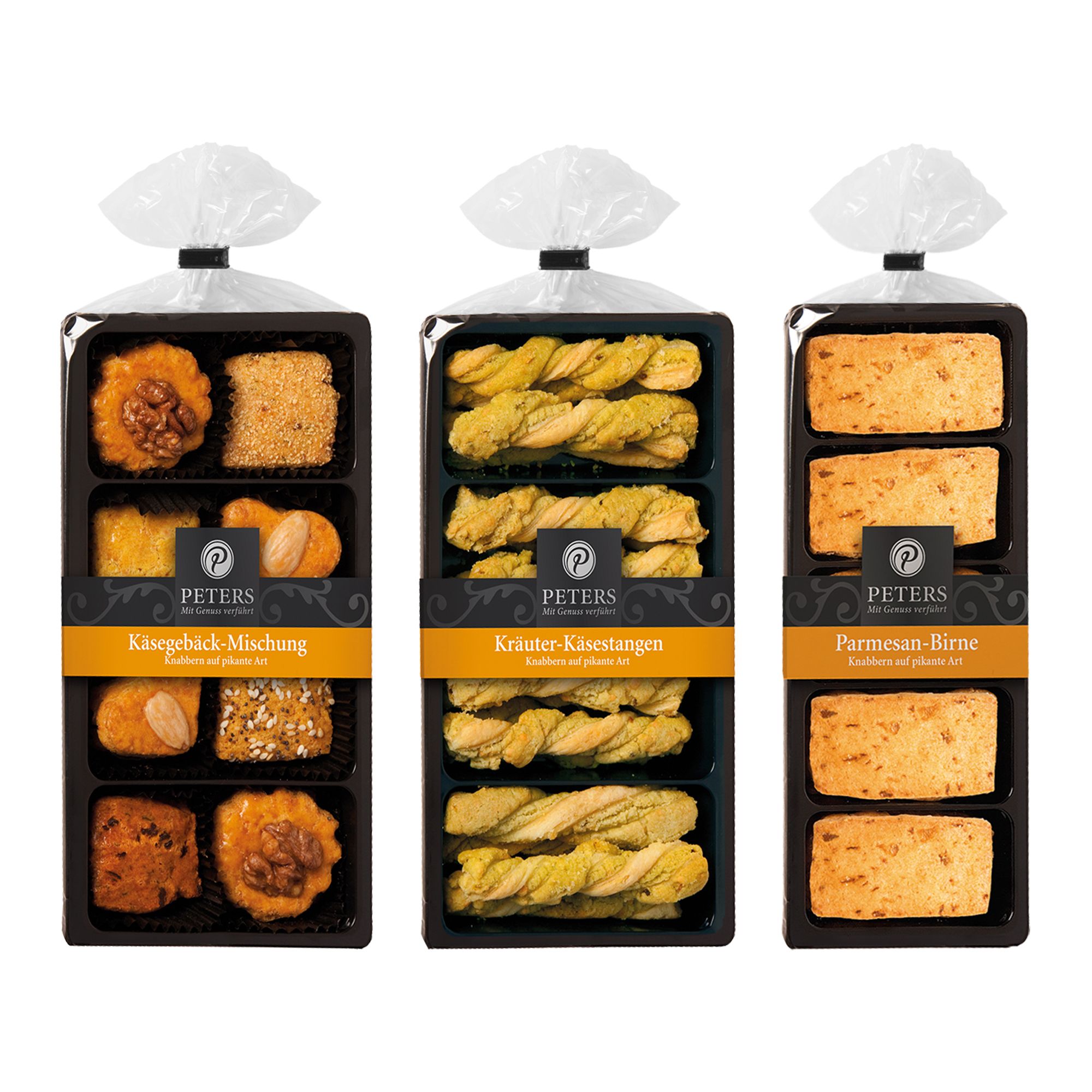 PETERS Käsegebäck-Set IIII Kennenlern-Größe 3 versch. Sorten Inhalt 3x 100g