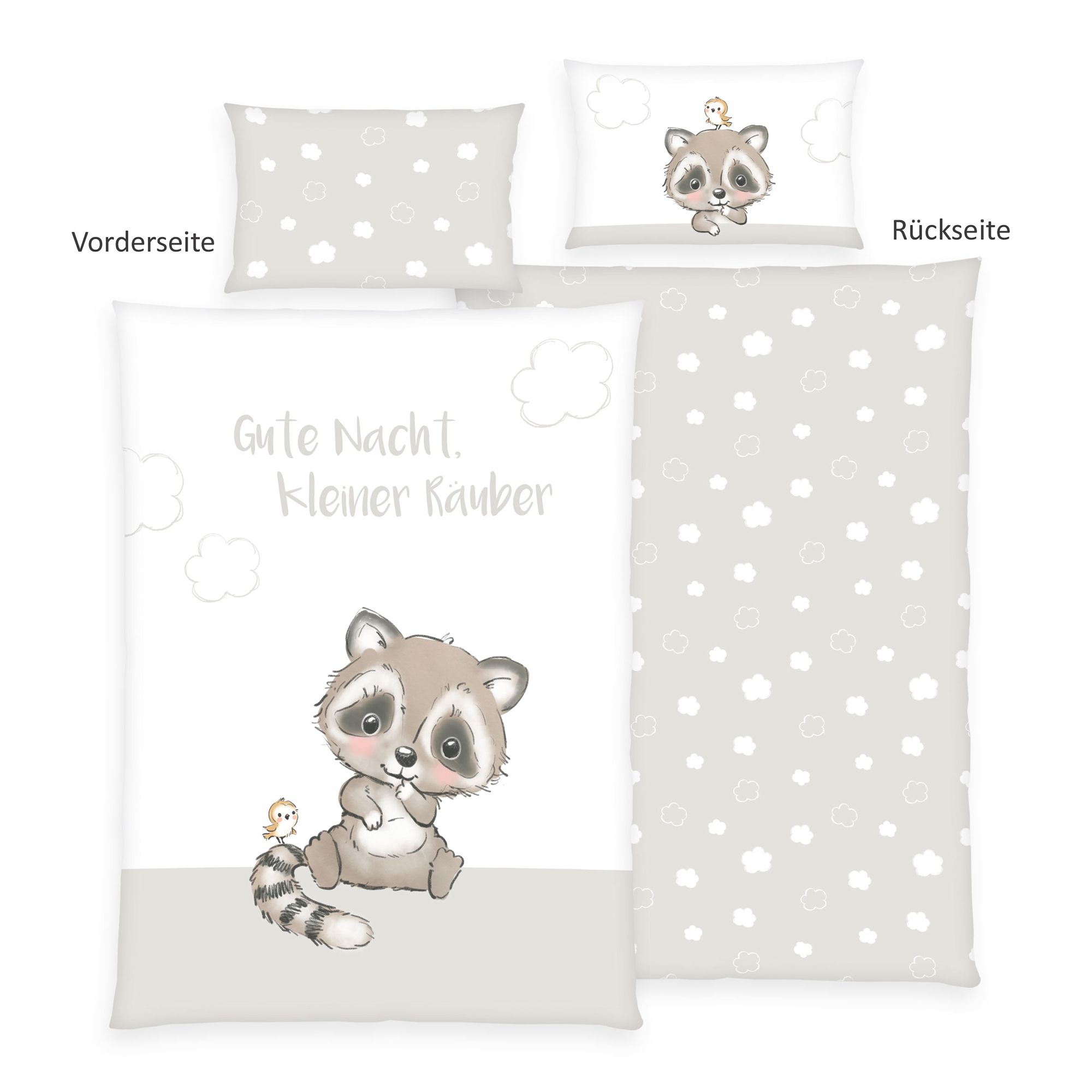 babybest® Wendebettwäsche kleiner Waschbär Baumwoll Flanell Einzelbett, 2tlg.