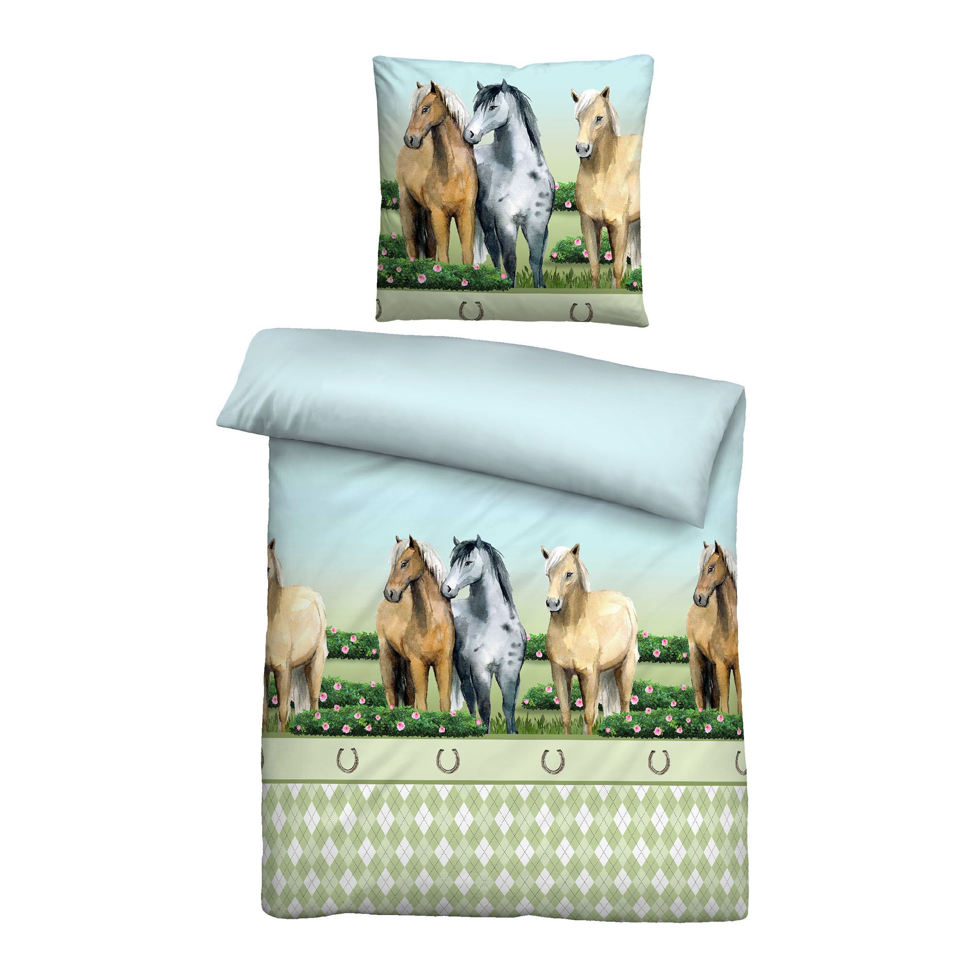 biberna® Wendebettwäsche Pferde Baumwoll Linon Einzelbett, 2tlg.