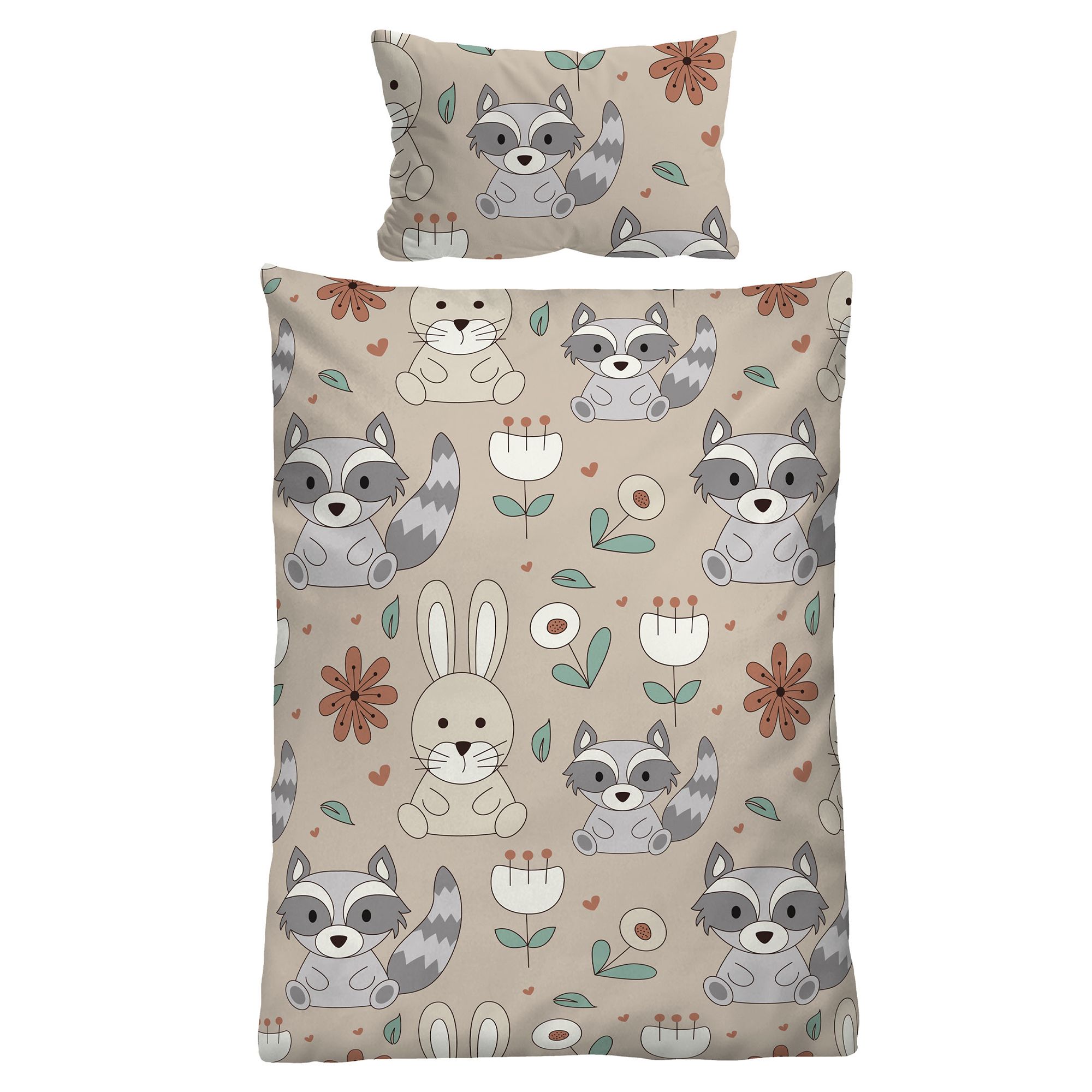 biberna® Kinderbettwäsche Waschbären Baumwoll Feinbiber Einzelbett, 2tlg.