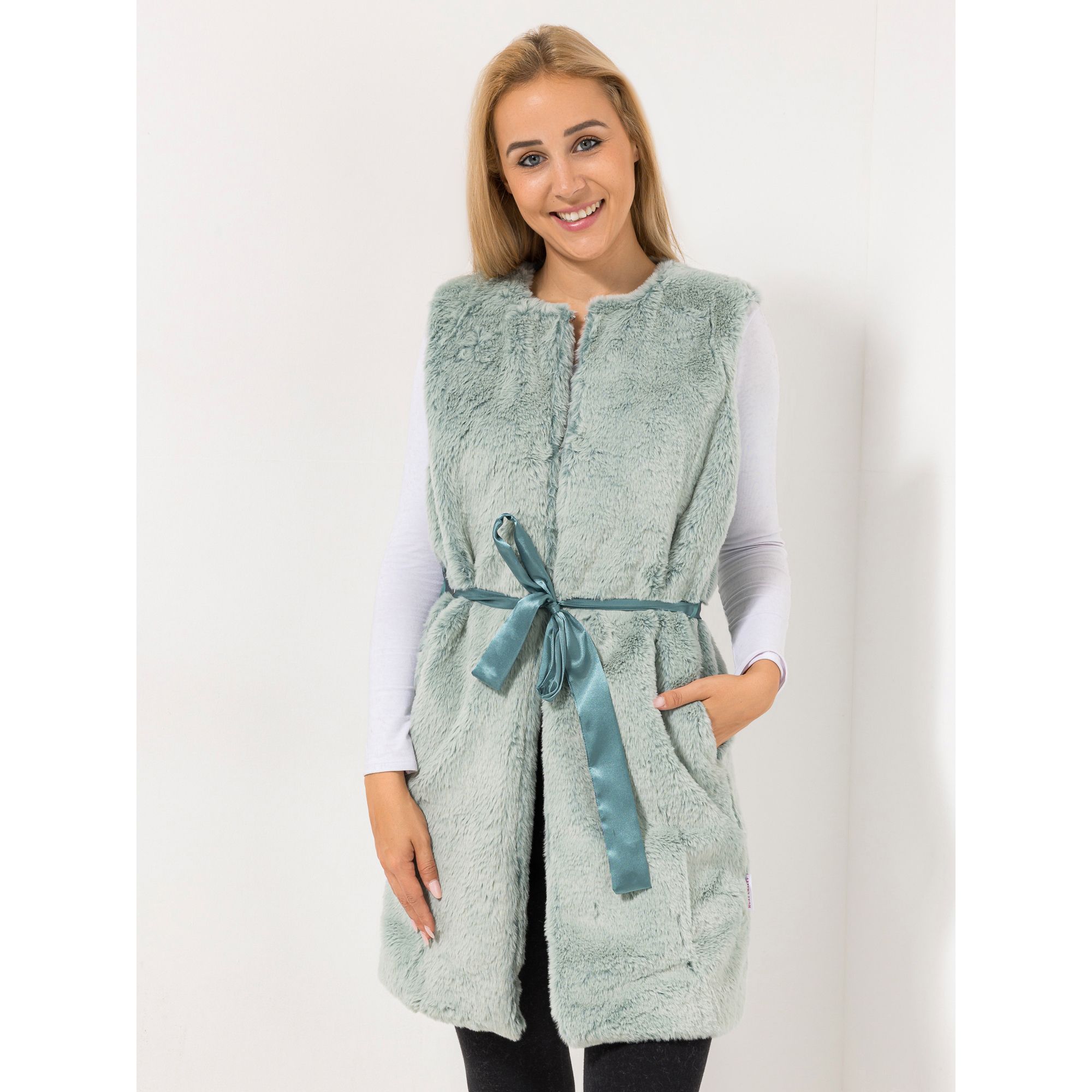 MONT CHALET Damen-Langweste Fellimitat Mikrofaser Bindegürtel