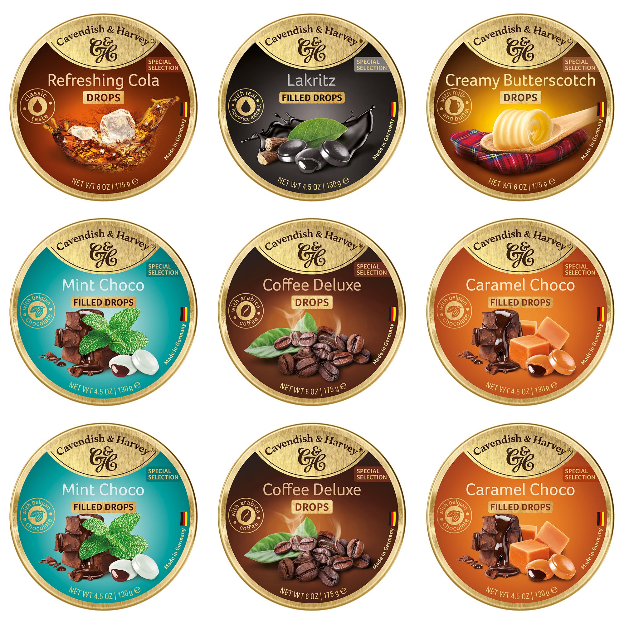 CAVENDISH & HARVEY® Bonbons in der Dose 6 Sorten in 9 Dosen Inhalt 1.350g