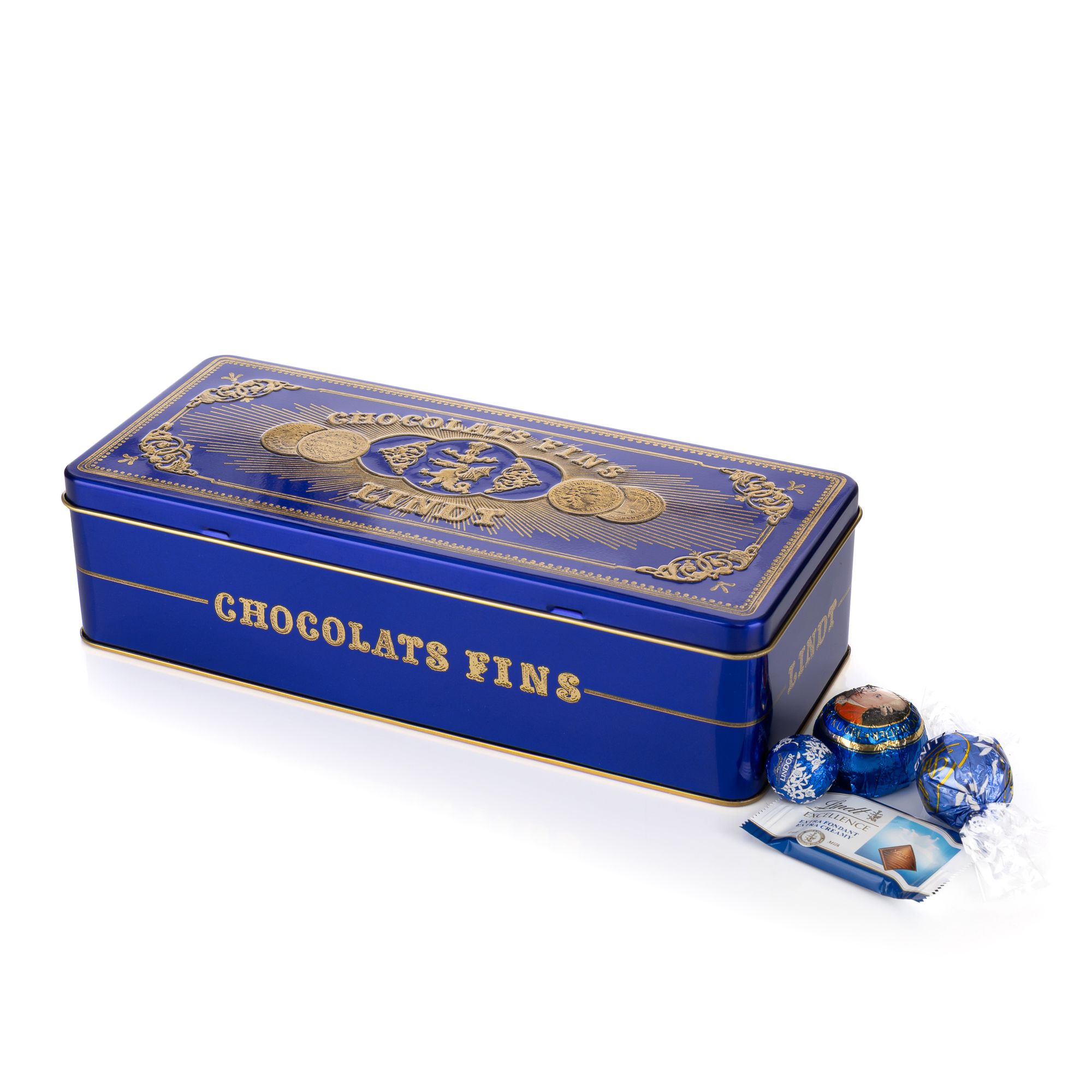 LINDT Nostalgie Mischung in blauer Metalldose 6 versch. Sorten Inhalt 469g, 42 Stück