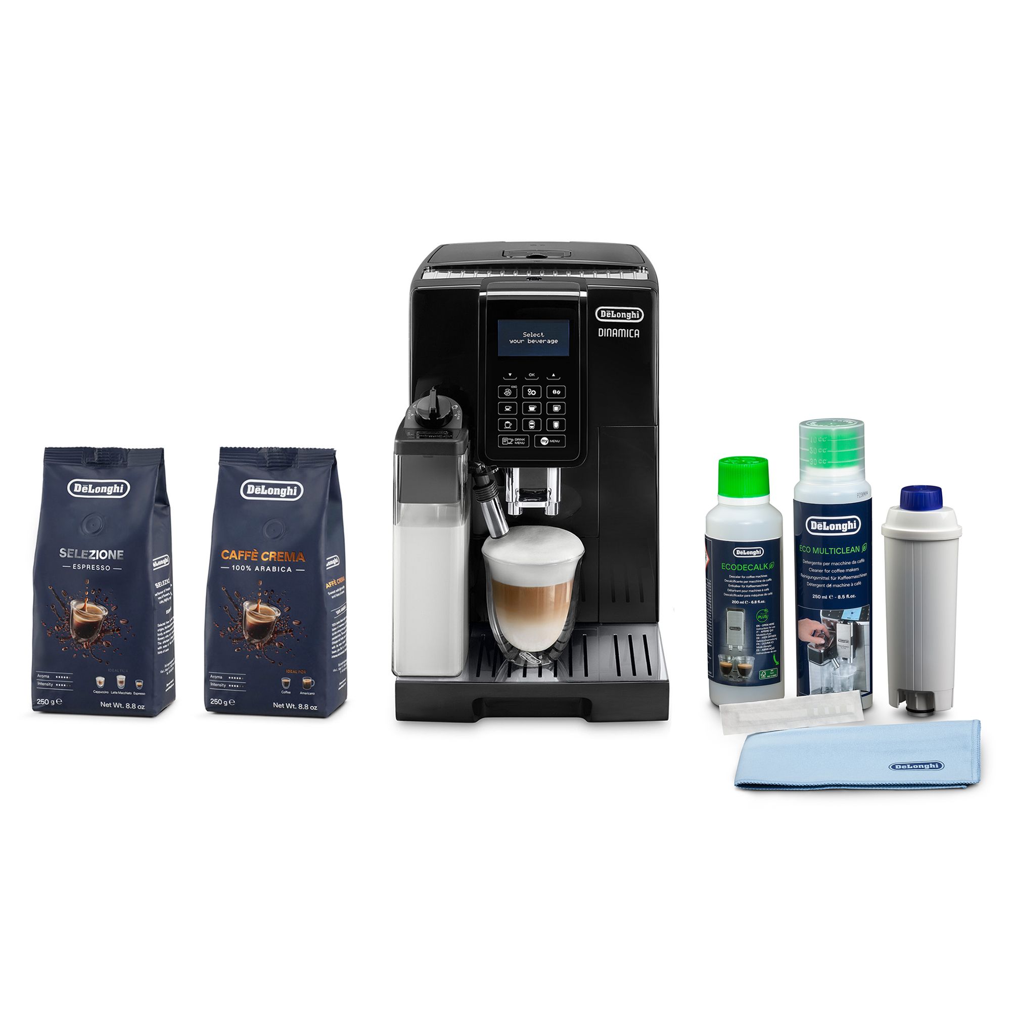 DELONGHI Dinamica ECAM353.75B Kaffeevollautomat inkl. Kaffeebohnen & Pflege-Set