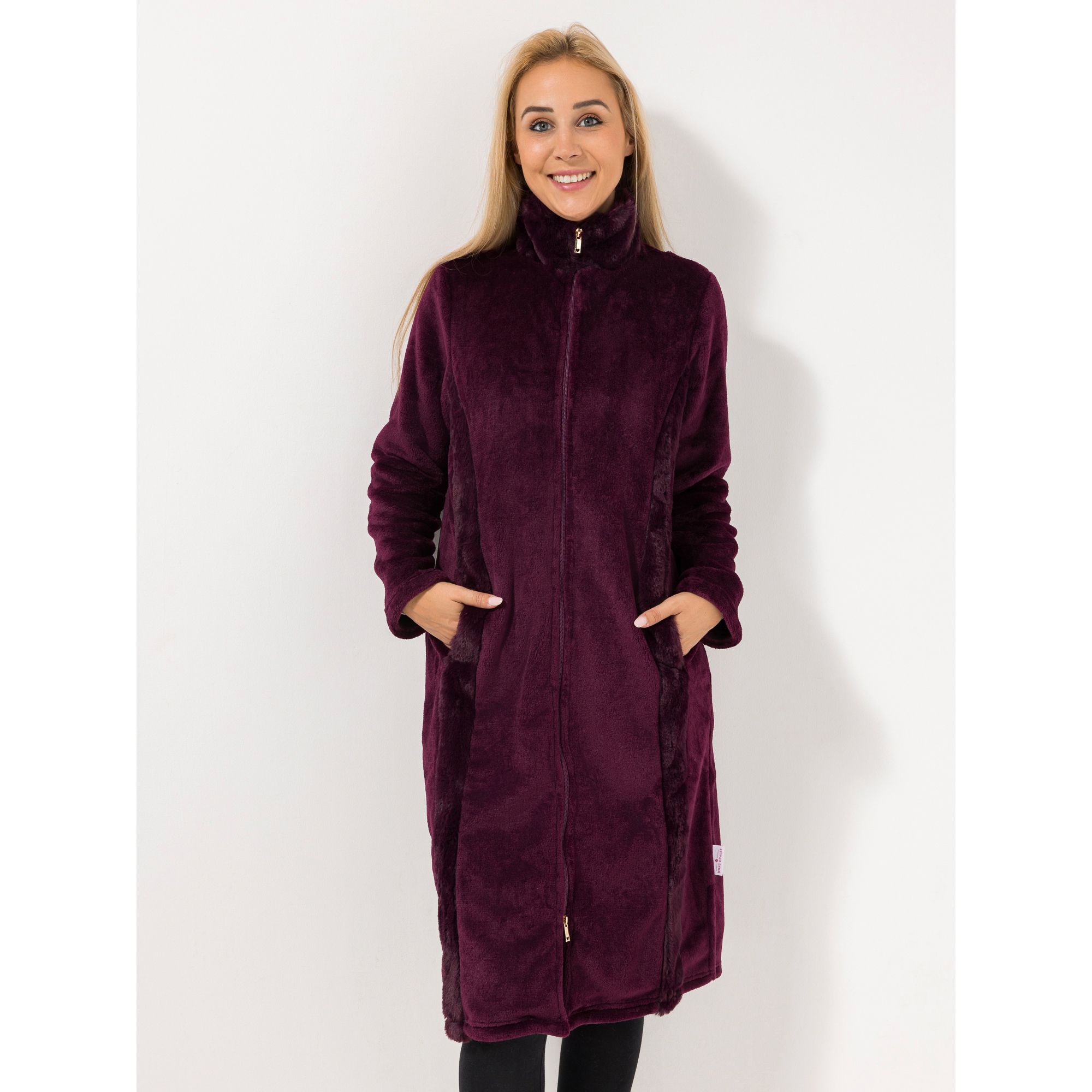 MONT CHALET Damen-Hauskleid uni Fellimitatbesatz Mikrofaser Chinchilla Stehkragen