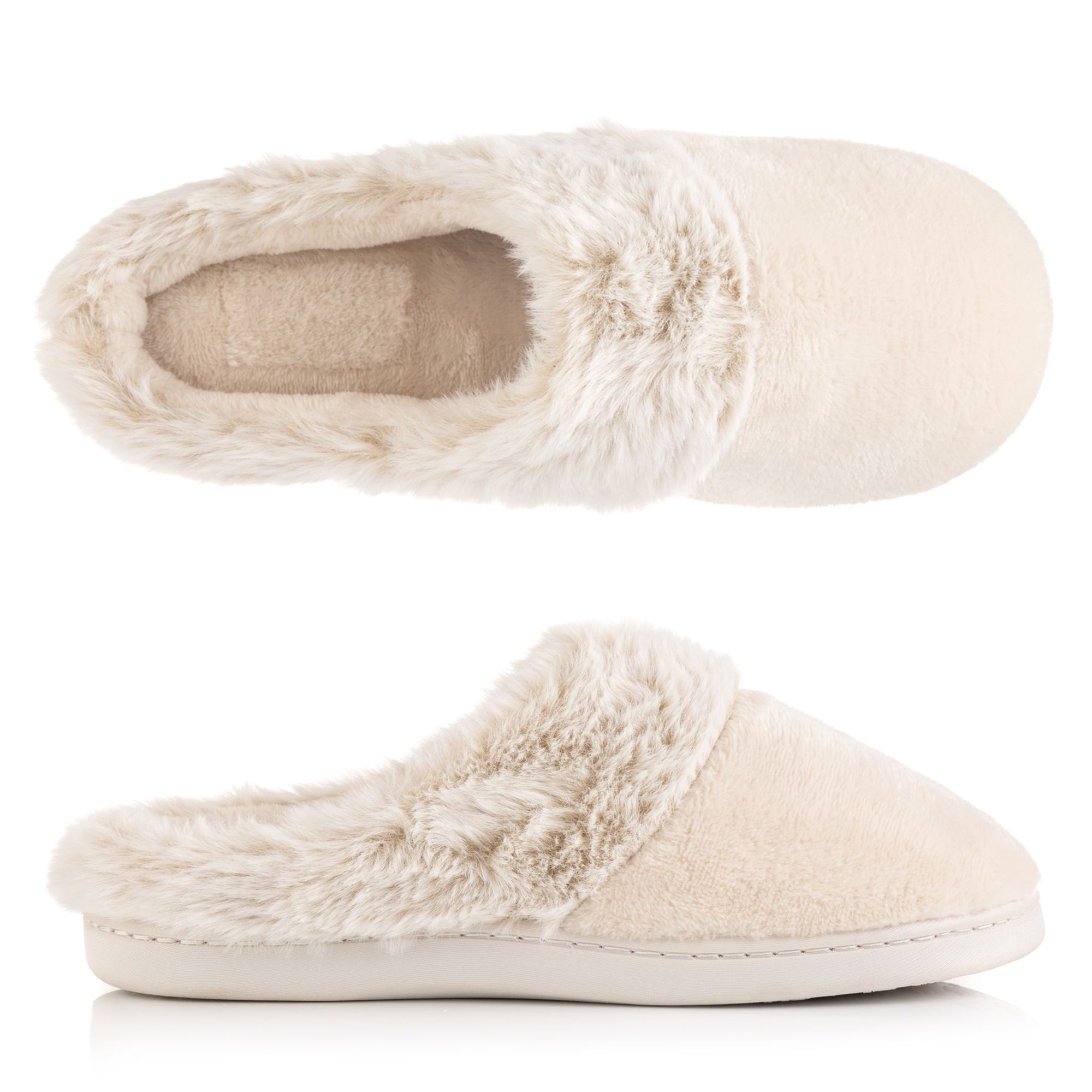 MONT CHALET Damen-Hausschuh uni Fellbesatz Mikrofaser Chinchilla weich gepolstert