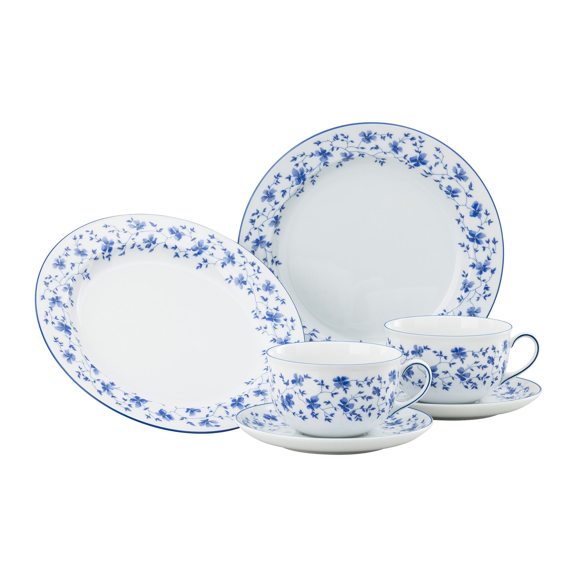 ROSENTHAL Blaublüten Frühstücks-Set 6tlg. 2x Teller, 2x Tasse, 2x Untertasse
