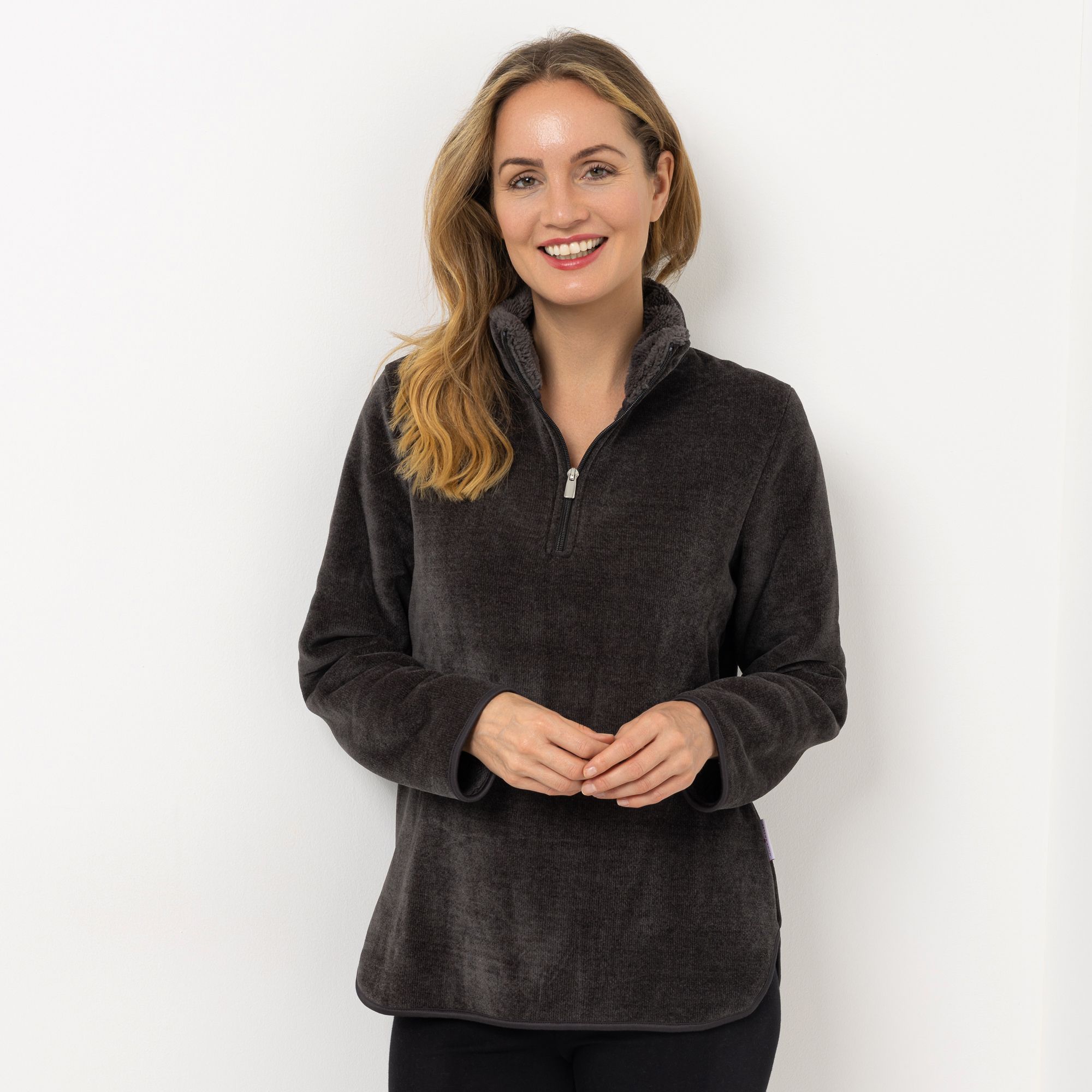 MONT CHALET Damen-Pullover uni Mikrofaser Edelplüsch Troyer-Ausschnitt