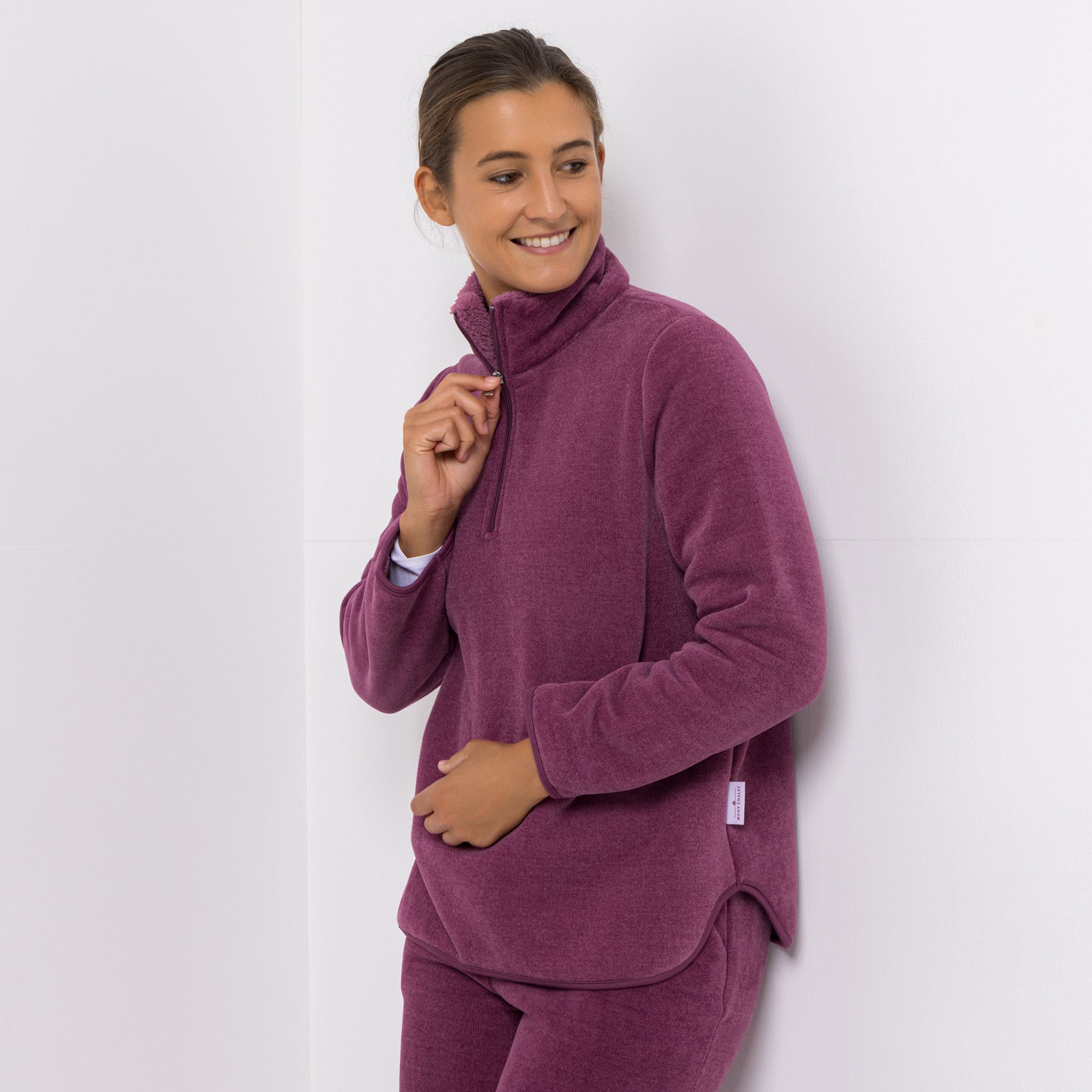 MONT CHALET Damen-Pullover uni Mikrofaser Edelplüsch Troyer-Ausschnitt