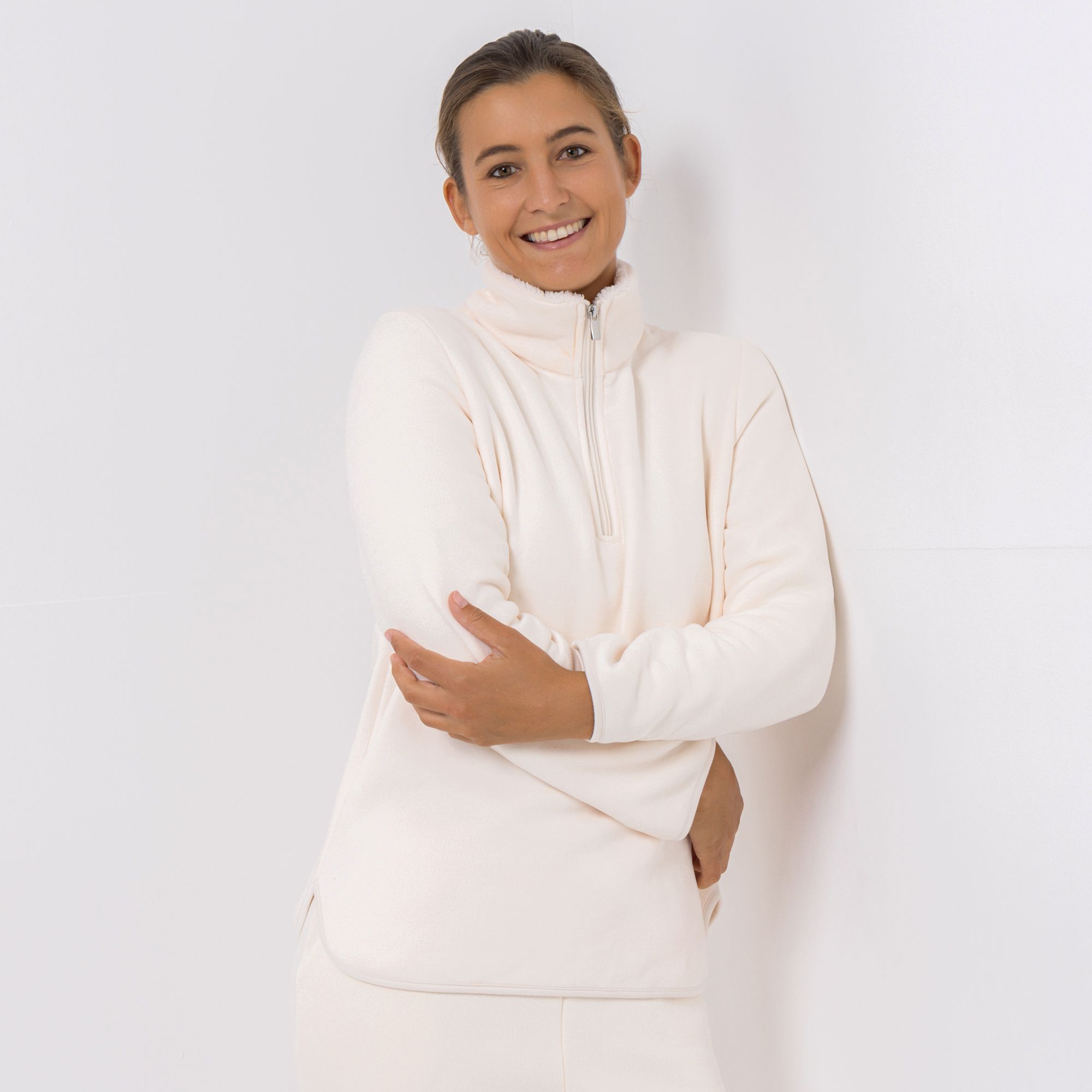 MONT CHALET Damen-Pullover uni Mikrofaser Edelplüsch Troyer-Ausschnitt