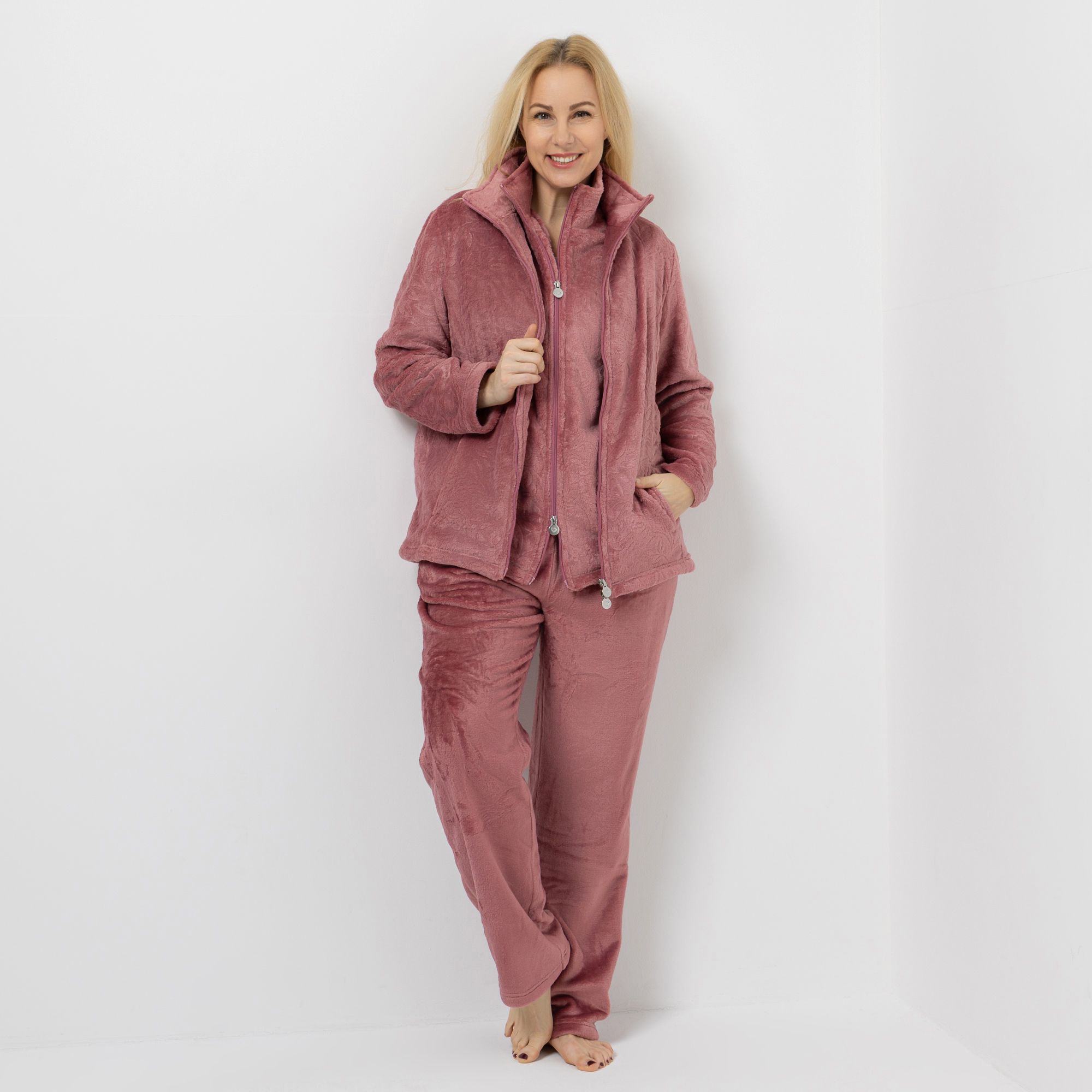MONT CHALET Damen-Hausanzug uni Mikrofaser Chinchilla Stehkragen, 3tlg.
