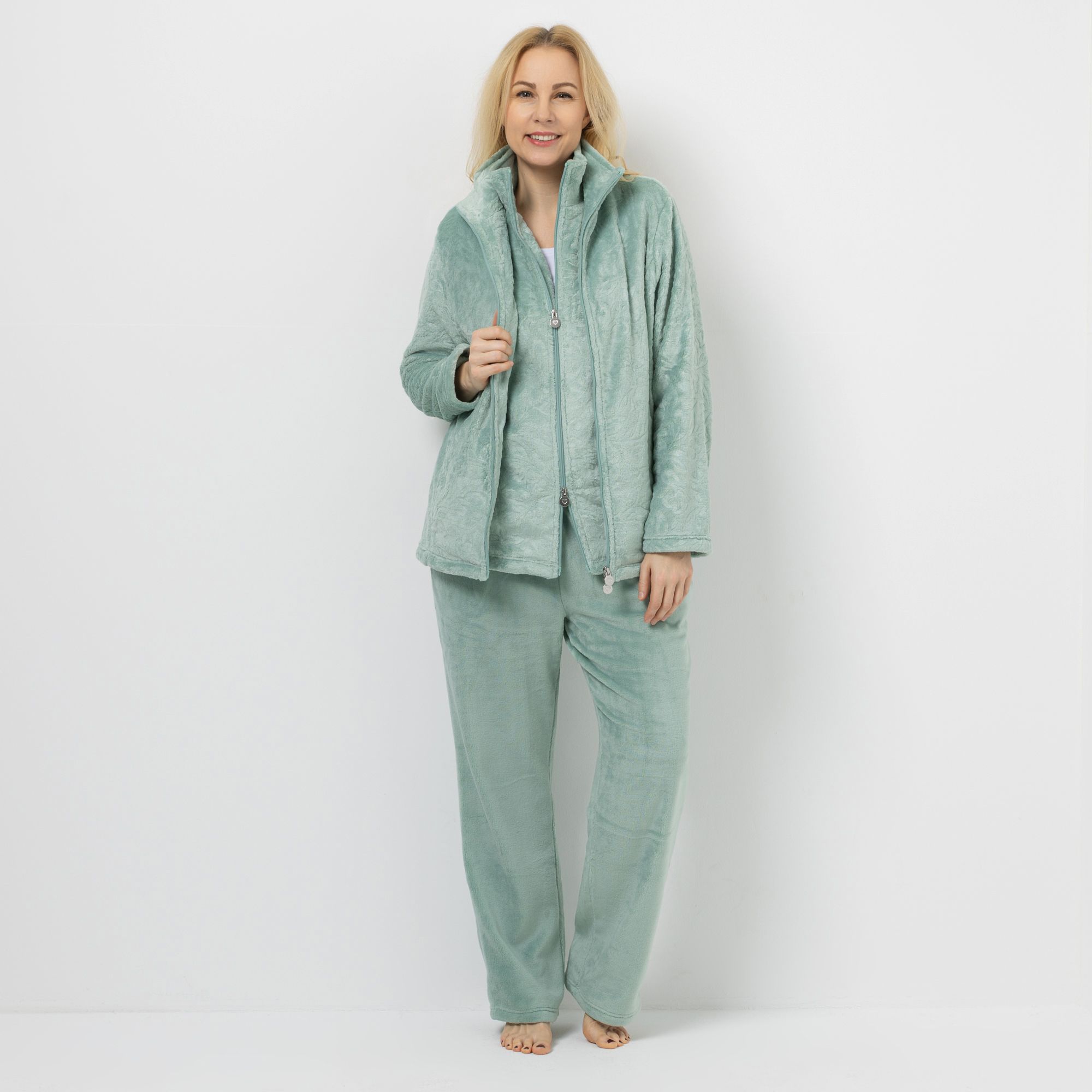 MONT CHALET Damen-Hausanzug uni Mikrofaser Chinchilla Stehkragen, 3tlg.