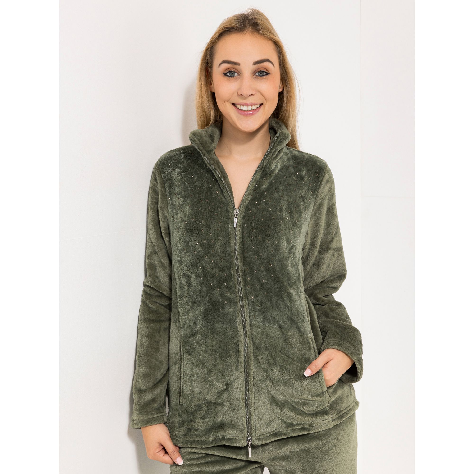 MONT CHALET uni Damen-Jacke Strasssteine Mikrofaser Chinchilla Stehkragen