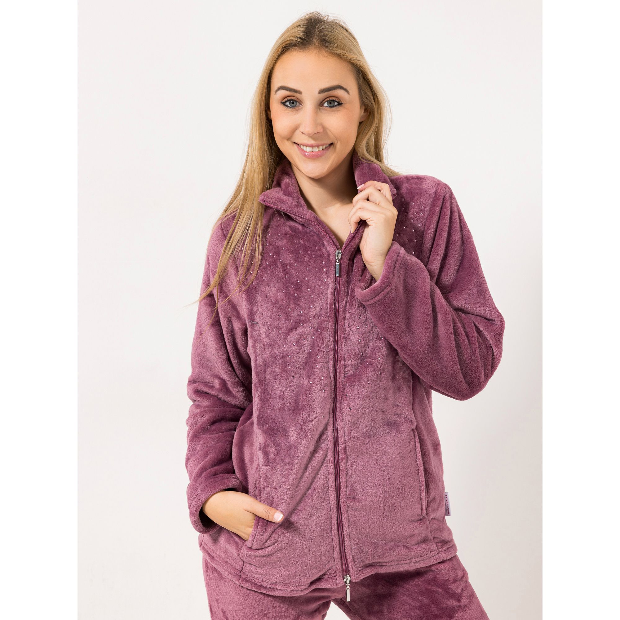 MONT CHALET uni Damen-Jacke Strasssteine Mikrofaser Chinchilla Stehkragen