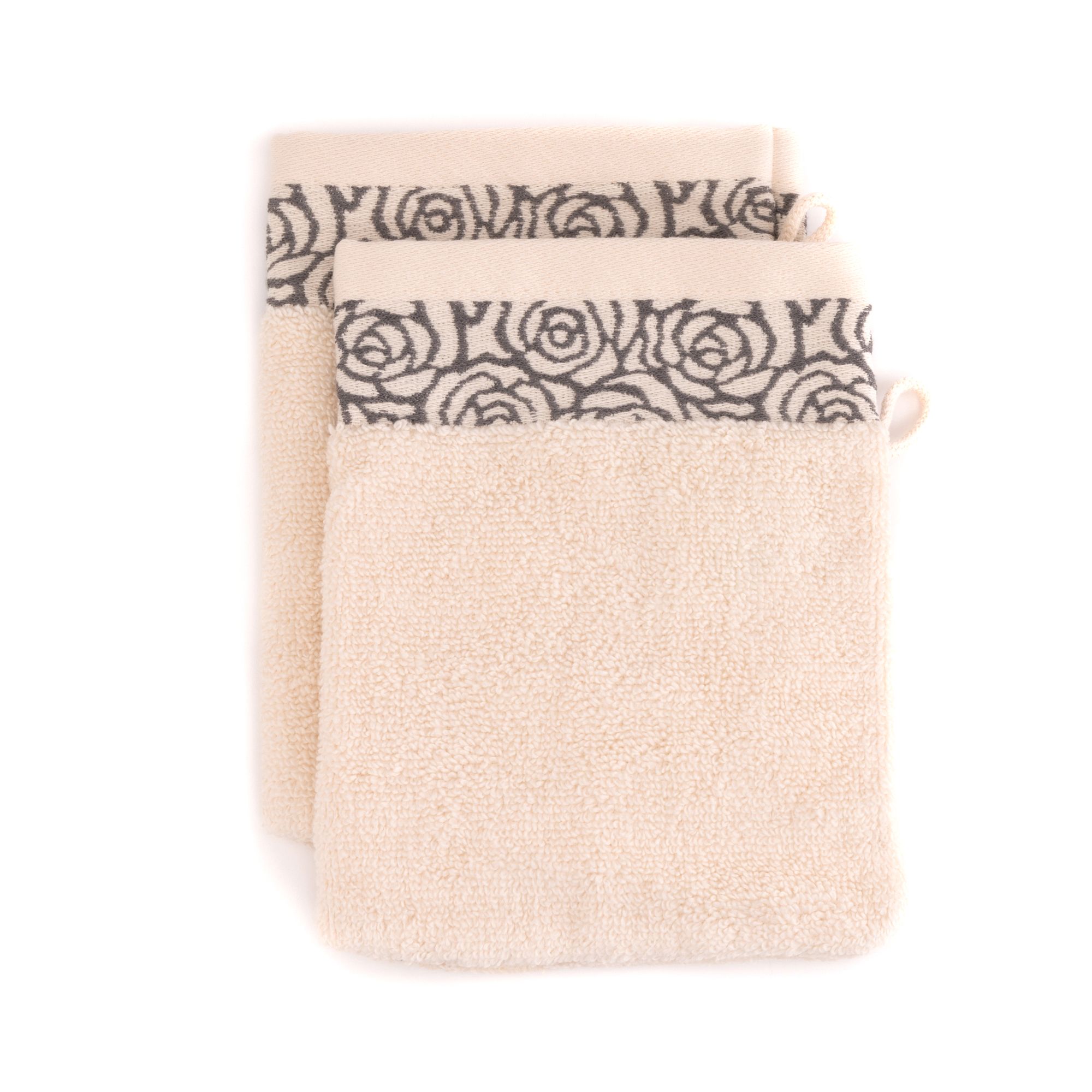 SEEDÜNE 2 Waschhandschuhe Jacquard-Rosenbordüre 100% Baumwolle ca. 15x21cm