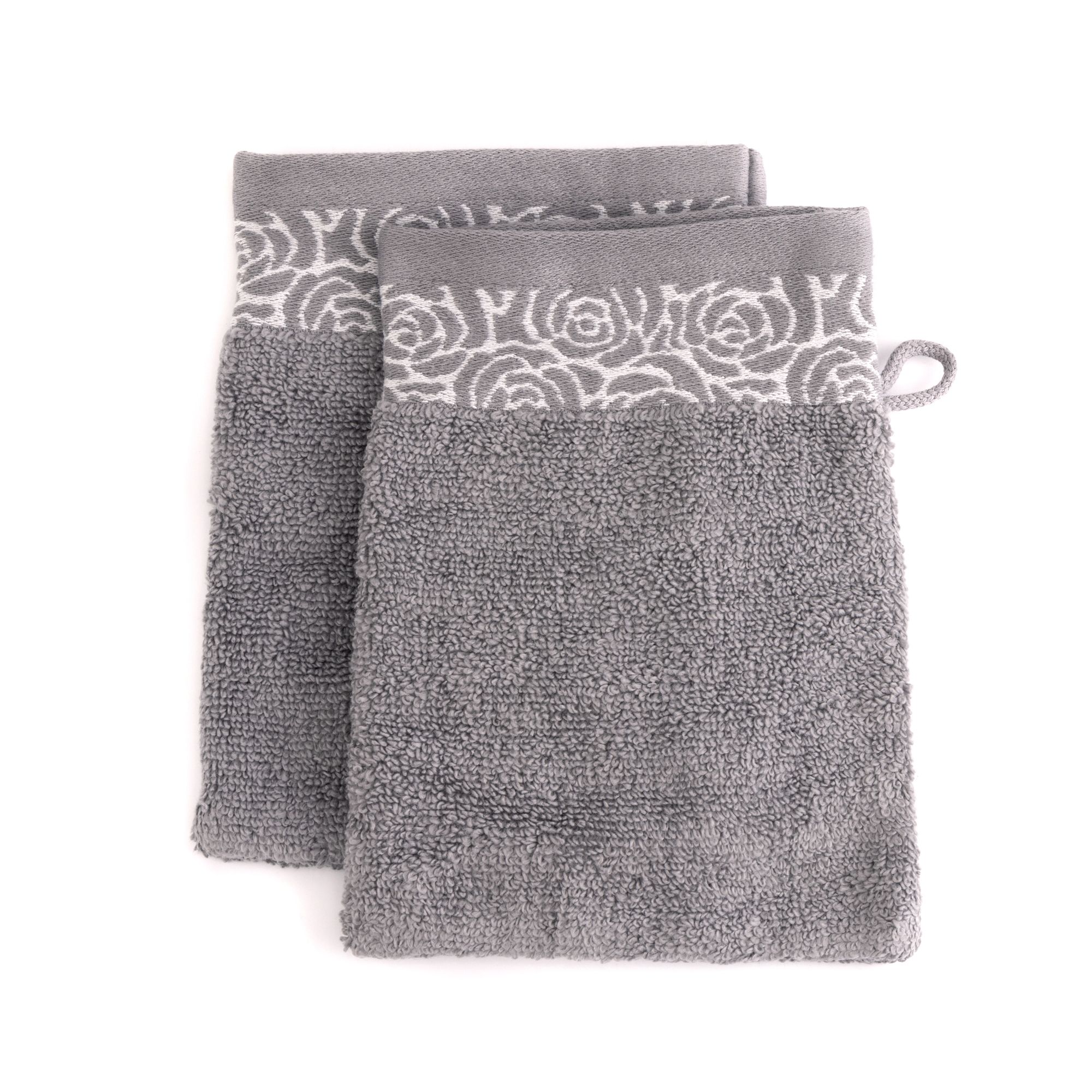 SEEDÜNE 2 Waschhandschuhe Jacquard-Rosenbordüre 100% Baumwolle ca. 15x21cm