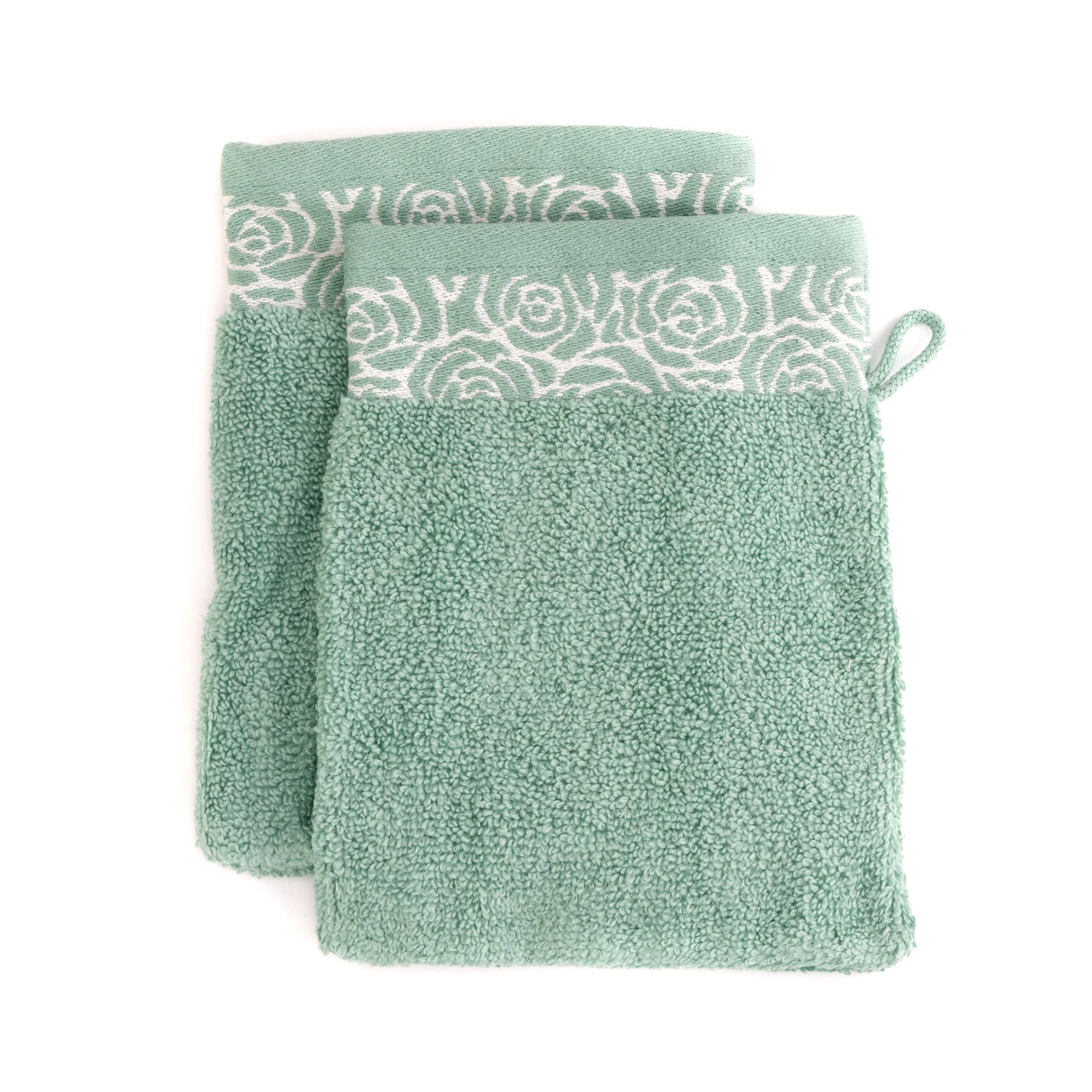 SEEDÜNE 2 Waschhandschuhe Jacquard-Rosenbordüre 100% Baumwolle ca. 15x21cm