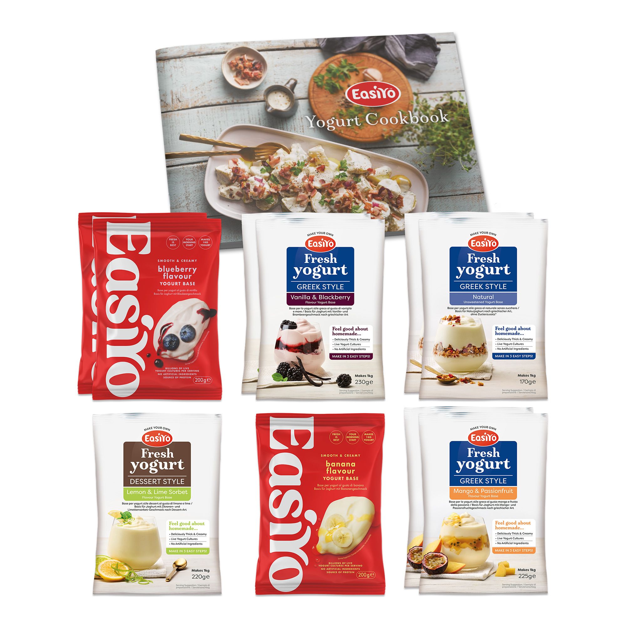 EASIYO Joghurtpulver 10 Beutel für 10kg 6 versch. Sorten inkl. Rezeptbuch