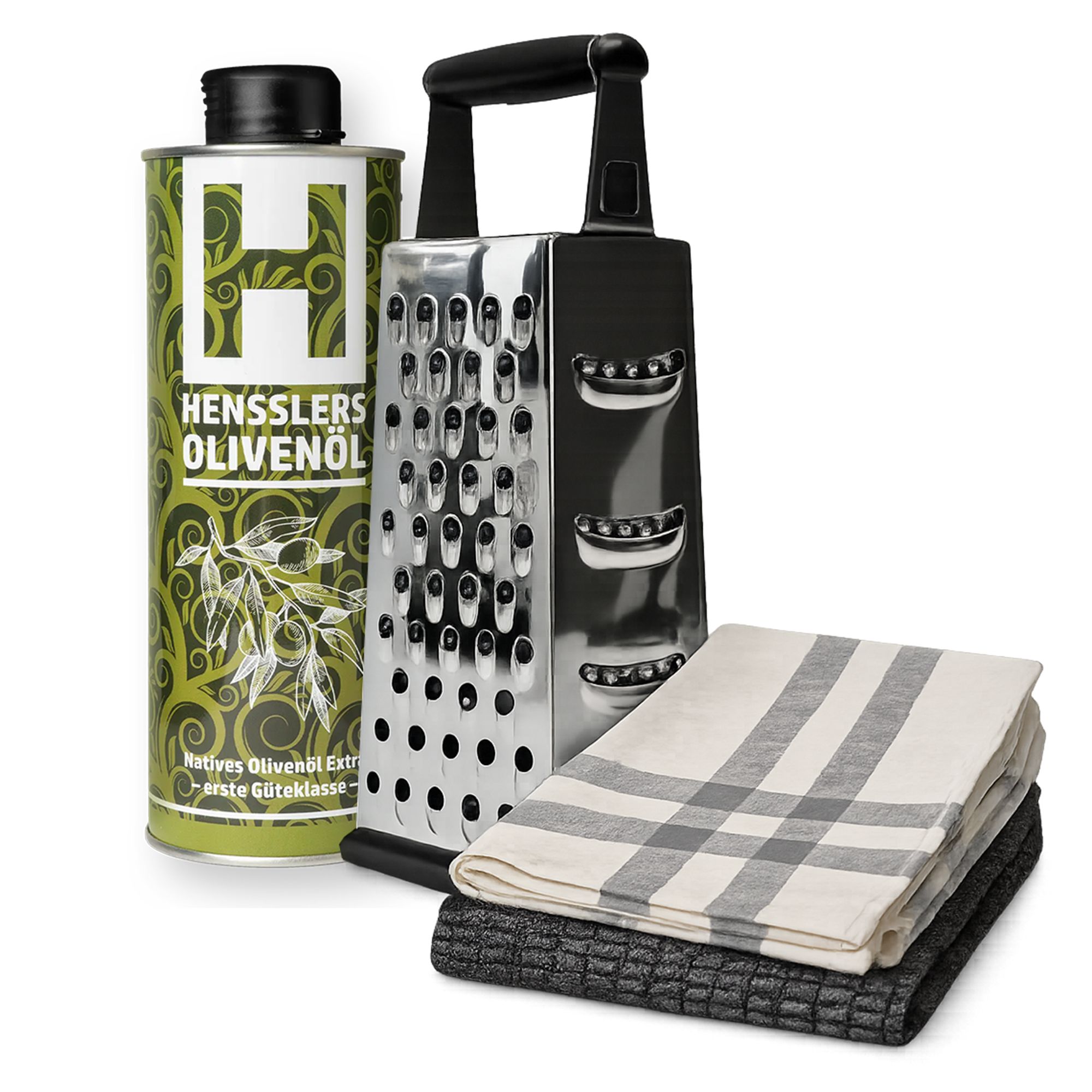 HENSSLERS Geschenk-Box inkl. Vierkantreibe, Olivenöl 500 ml und 2 Geschirrtücher