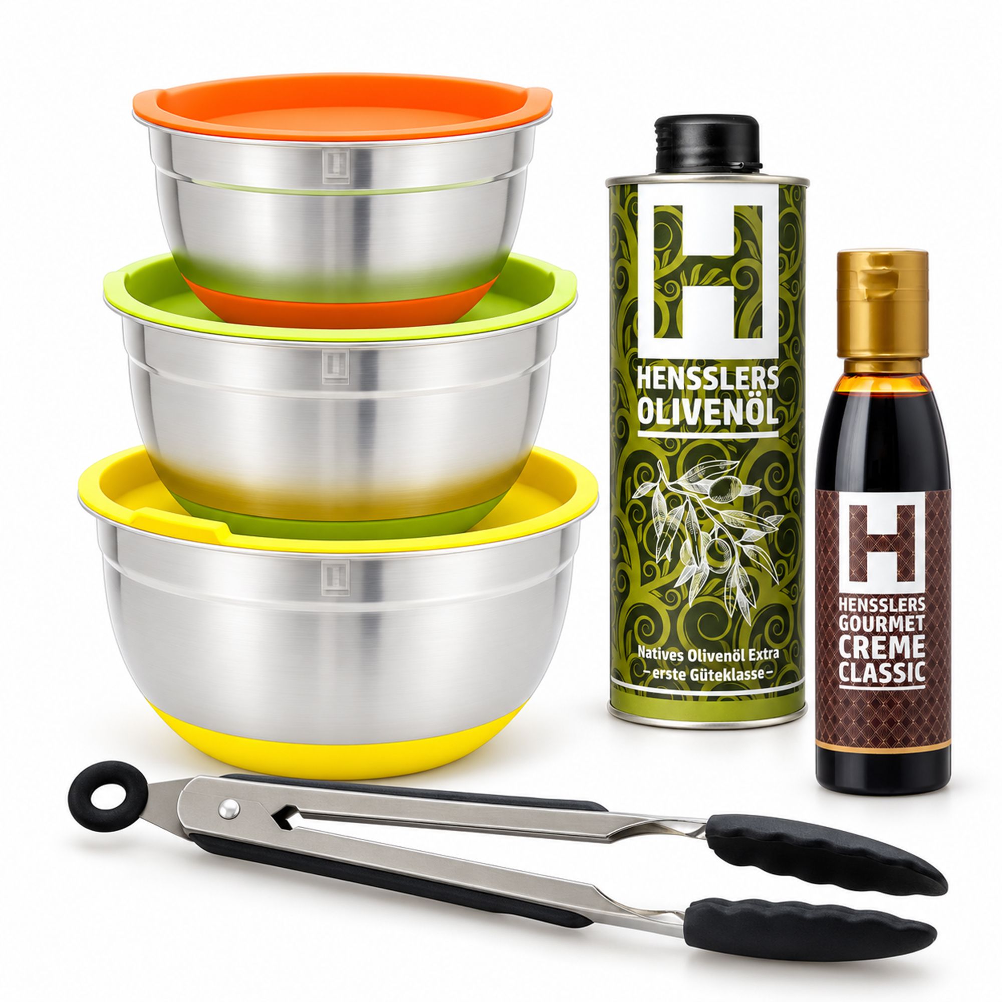 HENSSLERS 3 Edelstahlschüsseln, Edelstahlzange, Olivenöl 500ml und Balsamico Creme