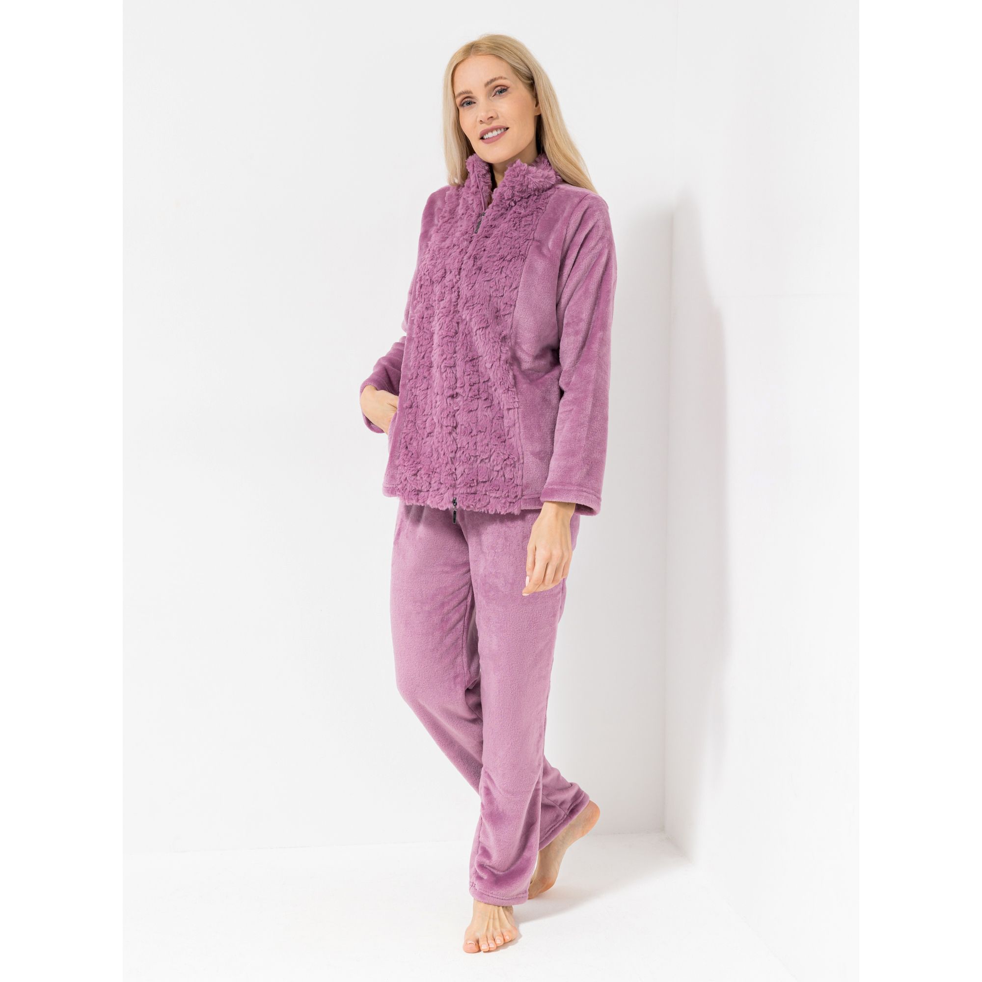 MONT CHALET Damen-Hausanzug uni mit Fellbesatz Mikrofaser Chinchilla Stehkragen, 2tlg.
