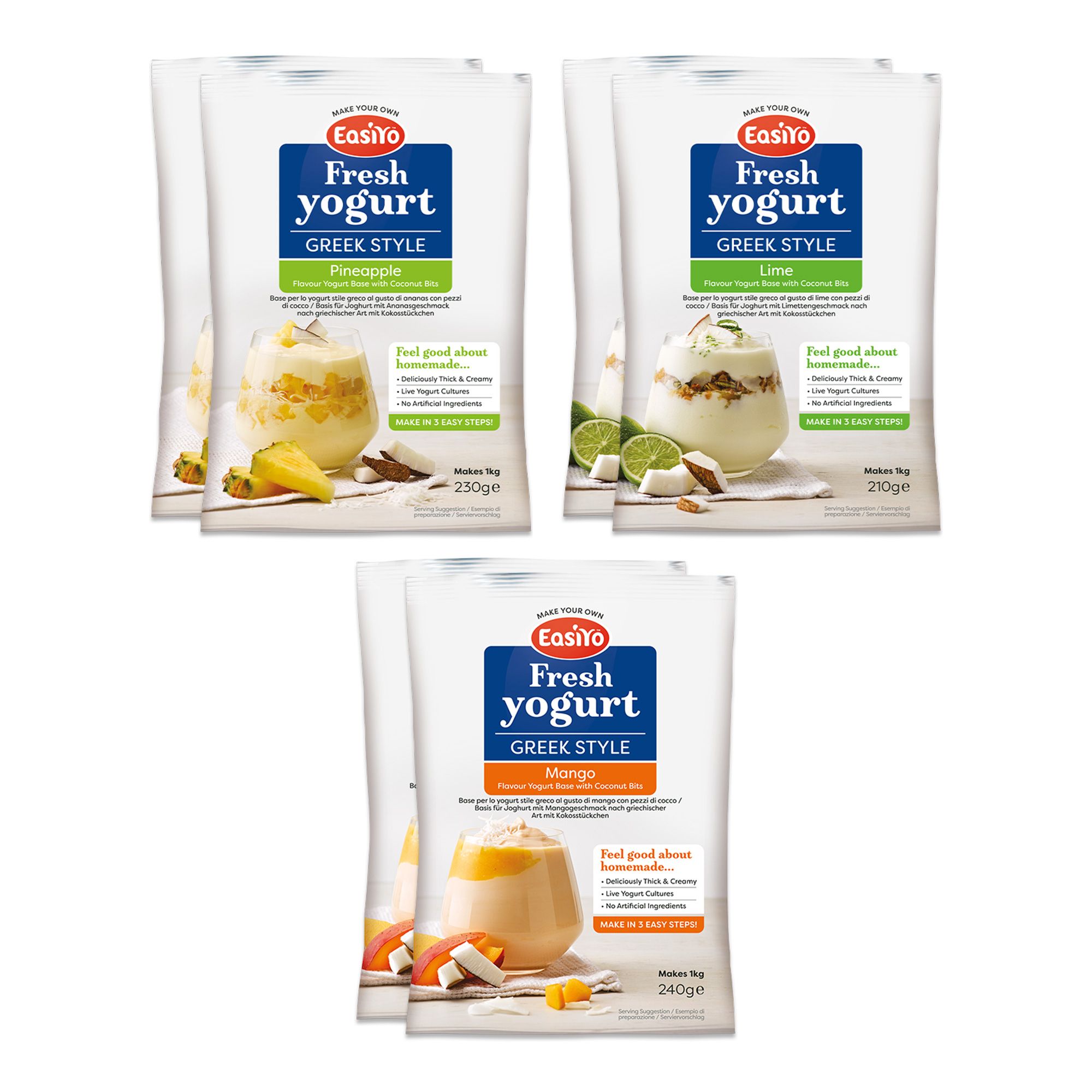 EASIYO Joghurtpulver 6 Beutel für 6kg frischen Joghurt 3 versch. Sorten