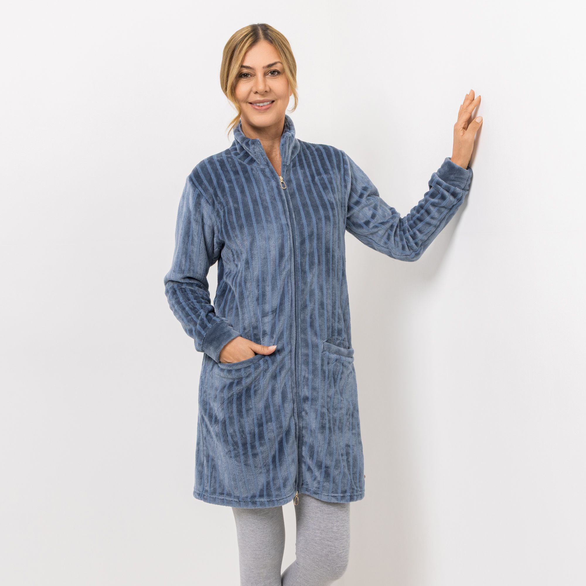 MONT CHALET Damen-Langjacke Glanzstreifen Mikrofaser Chinchilla Eingrifftaschen