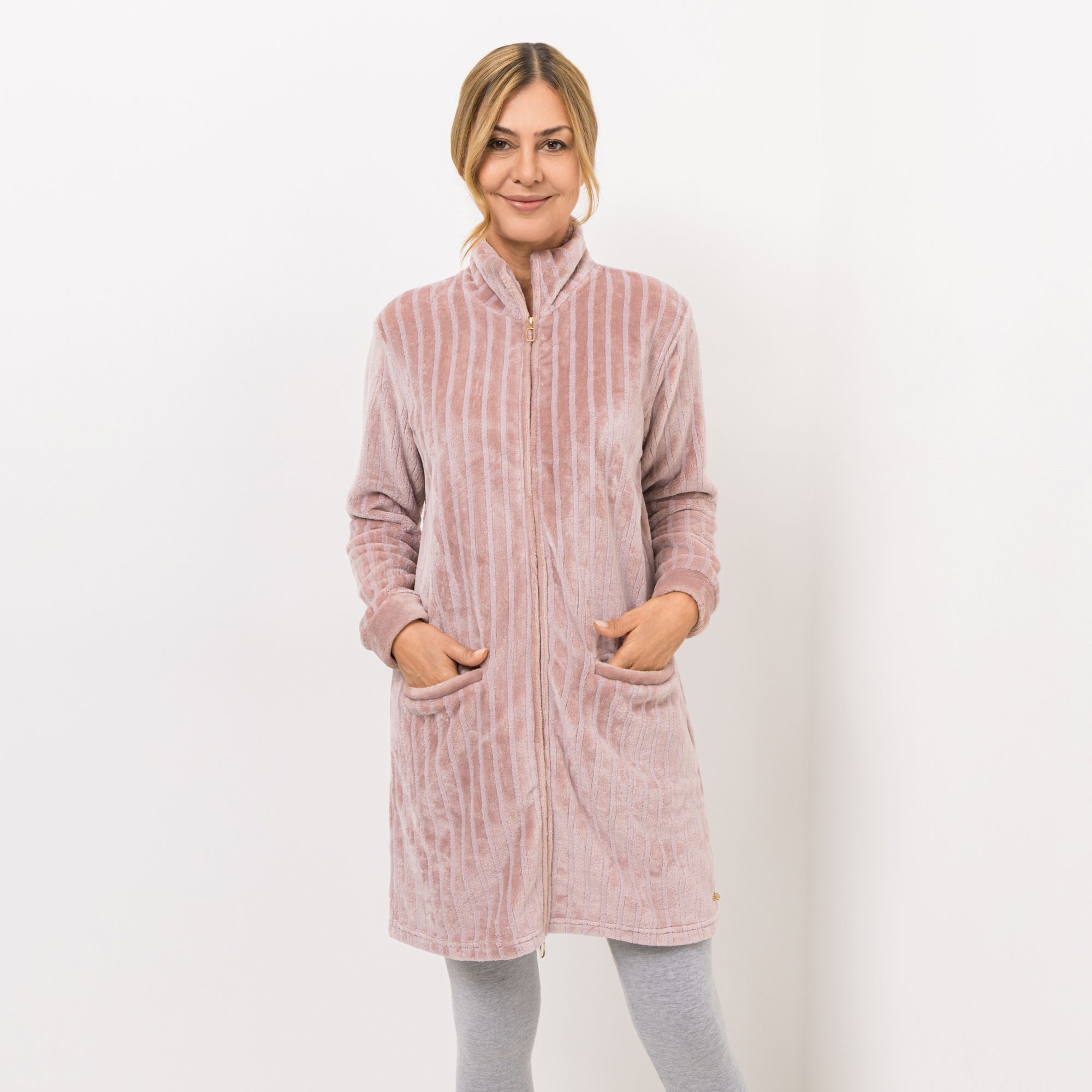 MONT CHALET Damen-Langjacke Glanzstreifen Mikrofaser Chinchilla Eingrifftaschen