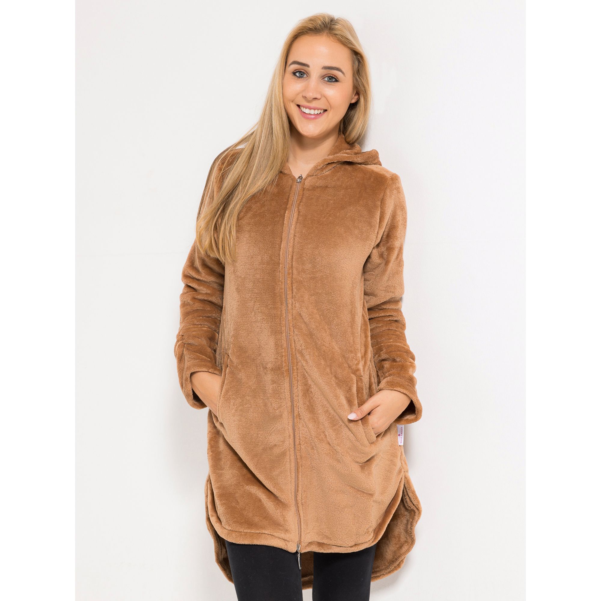 MONT CHALET Damen-Langjacke uni Mikrofaser Chinchilla Kapuze